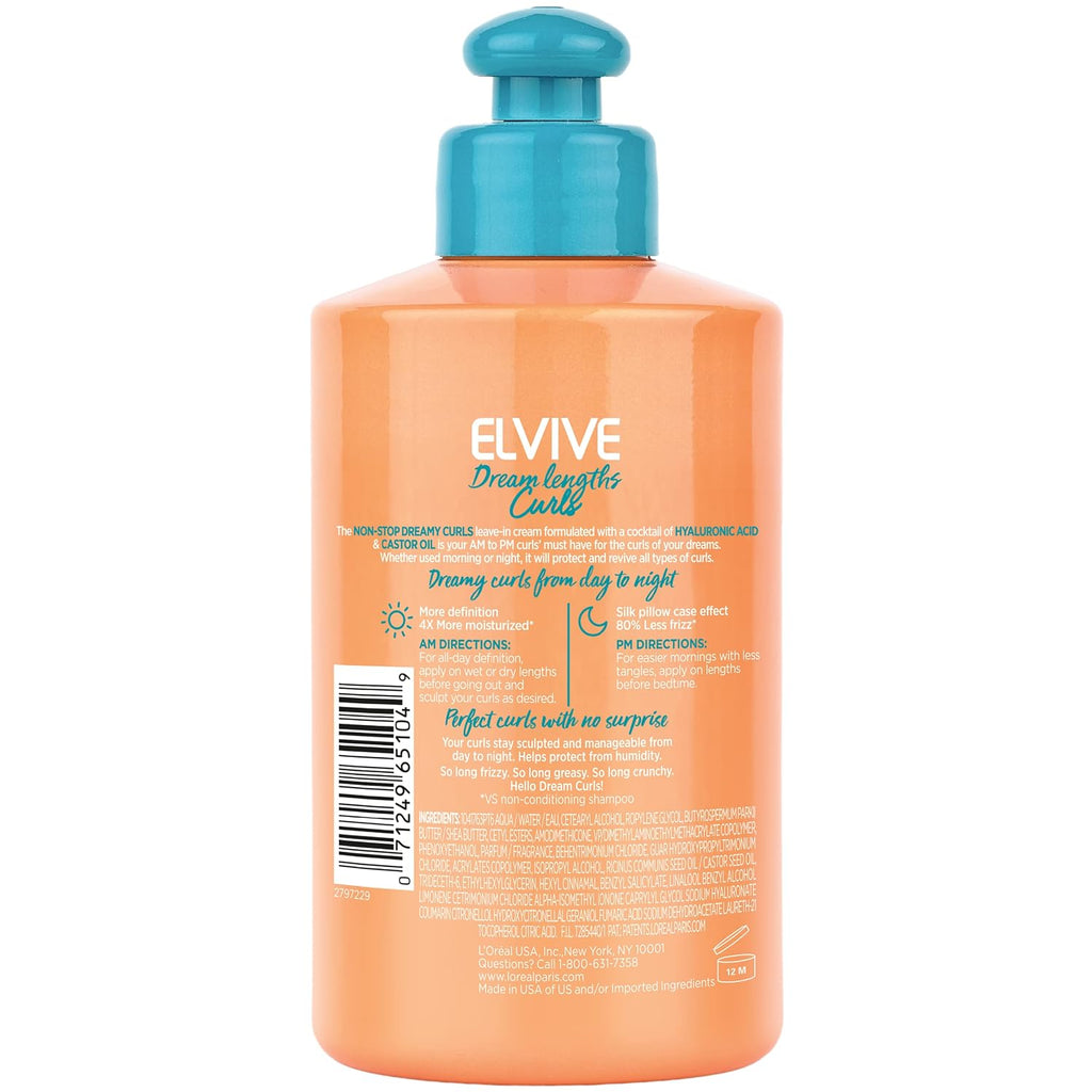 L'Oreal Paris Elvive Dream Lengths Curls Non-Stop Dreamy Curls Leave-In Conditioner, Paraben-Free With Hyaluronic Acid And Castor Oil. Best For Wavy Hair To Coily Hair, 10.2 Fl Oz