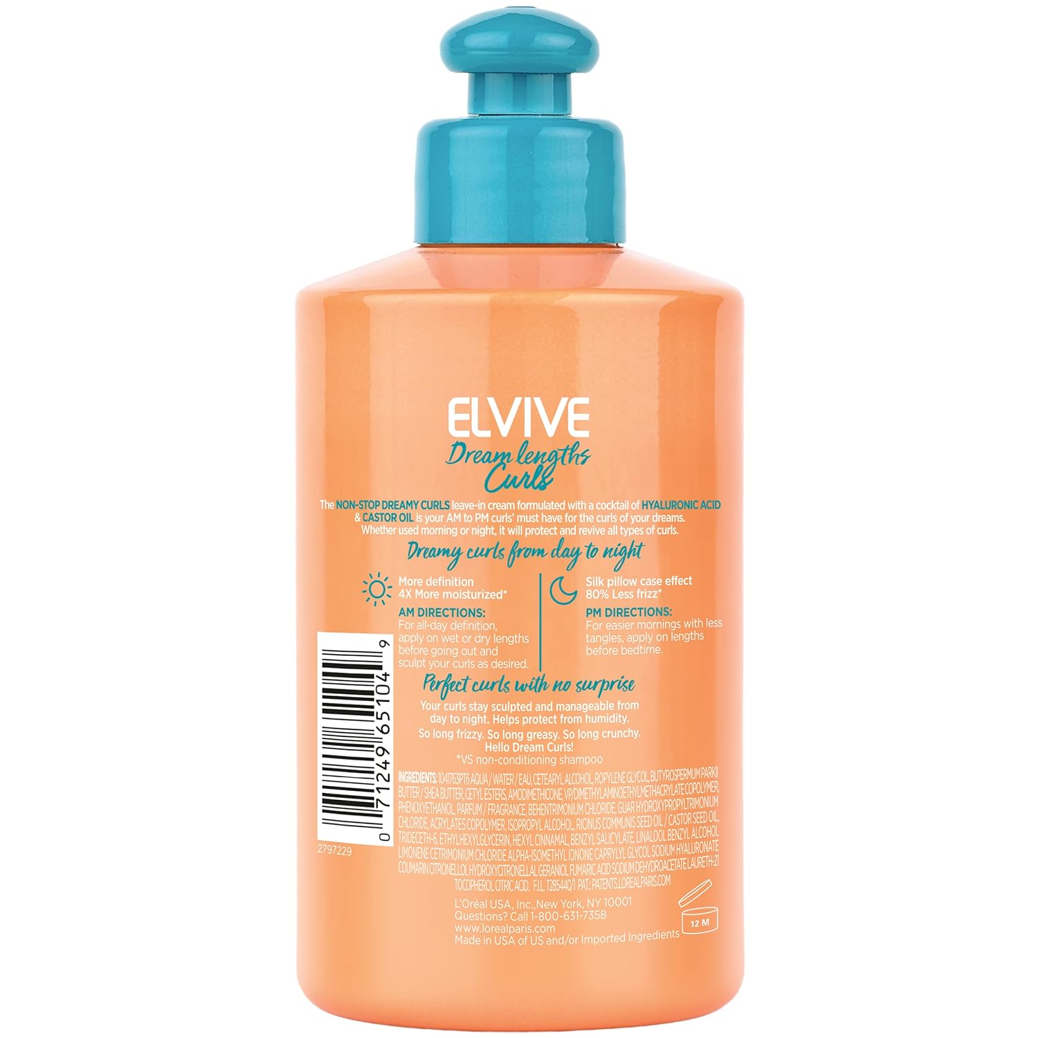 L'Oreal Paris Elvive Dream Lengths Curls Non-Stop Dreamy Curls leave-in conditioner, Paraben-Free with Hyaluronic Acid and Castor Oil. Best for wavy hair to coily hair, 10.2 fl oz