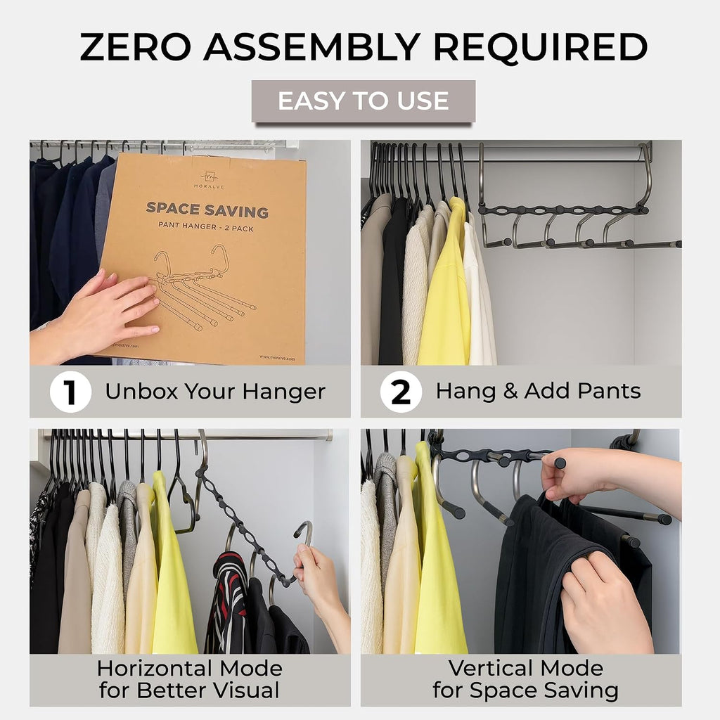 Pants Hangers Space Saving - 2 Pack - Non-Slip Multi-Layer Space Saving Hangers - Multifunctional Clothing Rack For Closet Storage - Ideal For Jeans, Trousers, Skirts, Scarves & Slacks (Black)