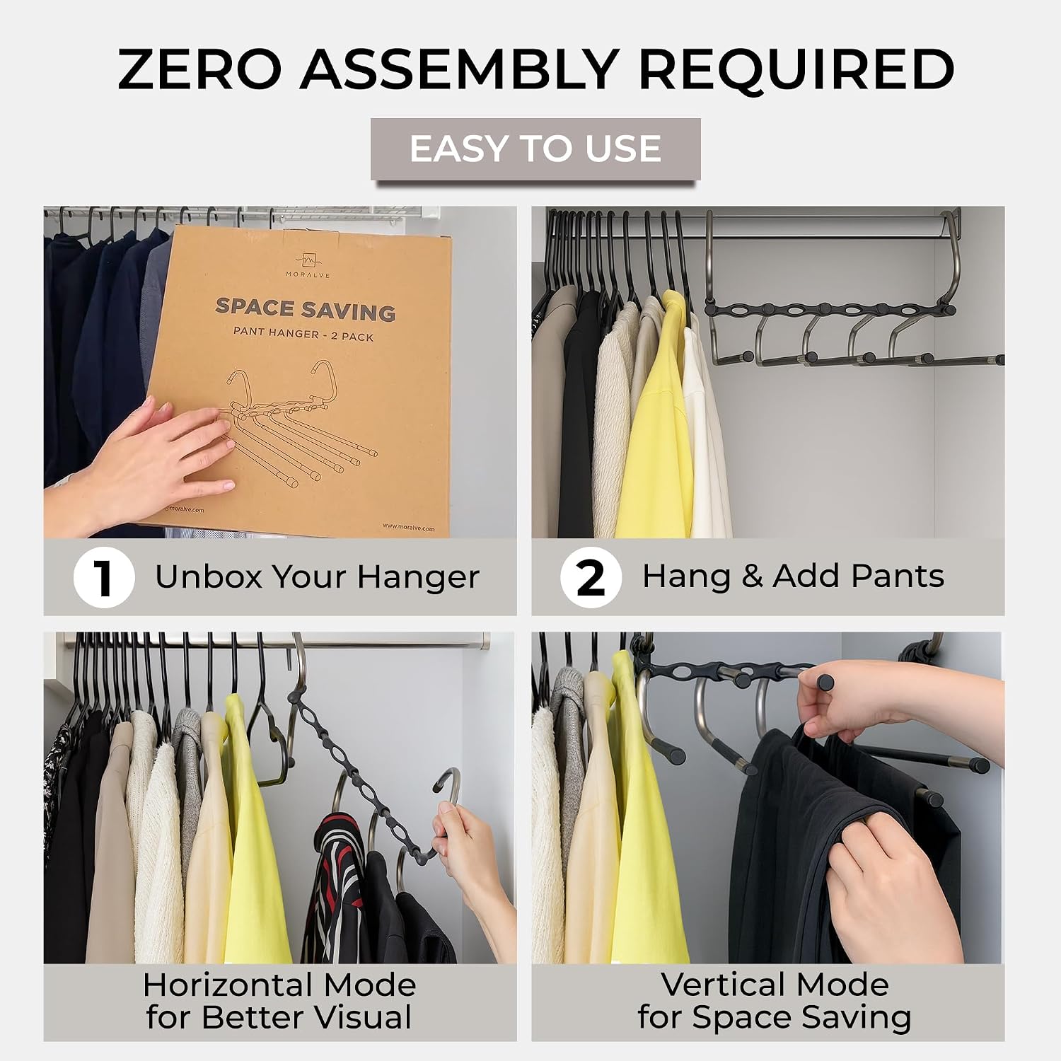 Pants Hangers Space Saving - 2 Pack - Non-Slip Multi-Layer Space Saving Hangers - Multifunctional Clothing Rack For Closet Storage - Ideal For Jeans, Trousers, Skirts, Scarves & Slacks (Black)