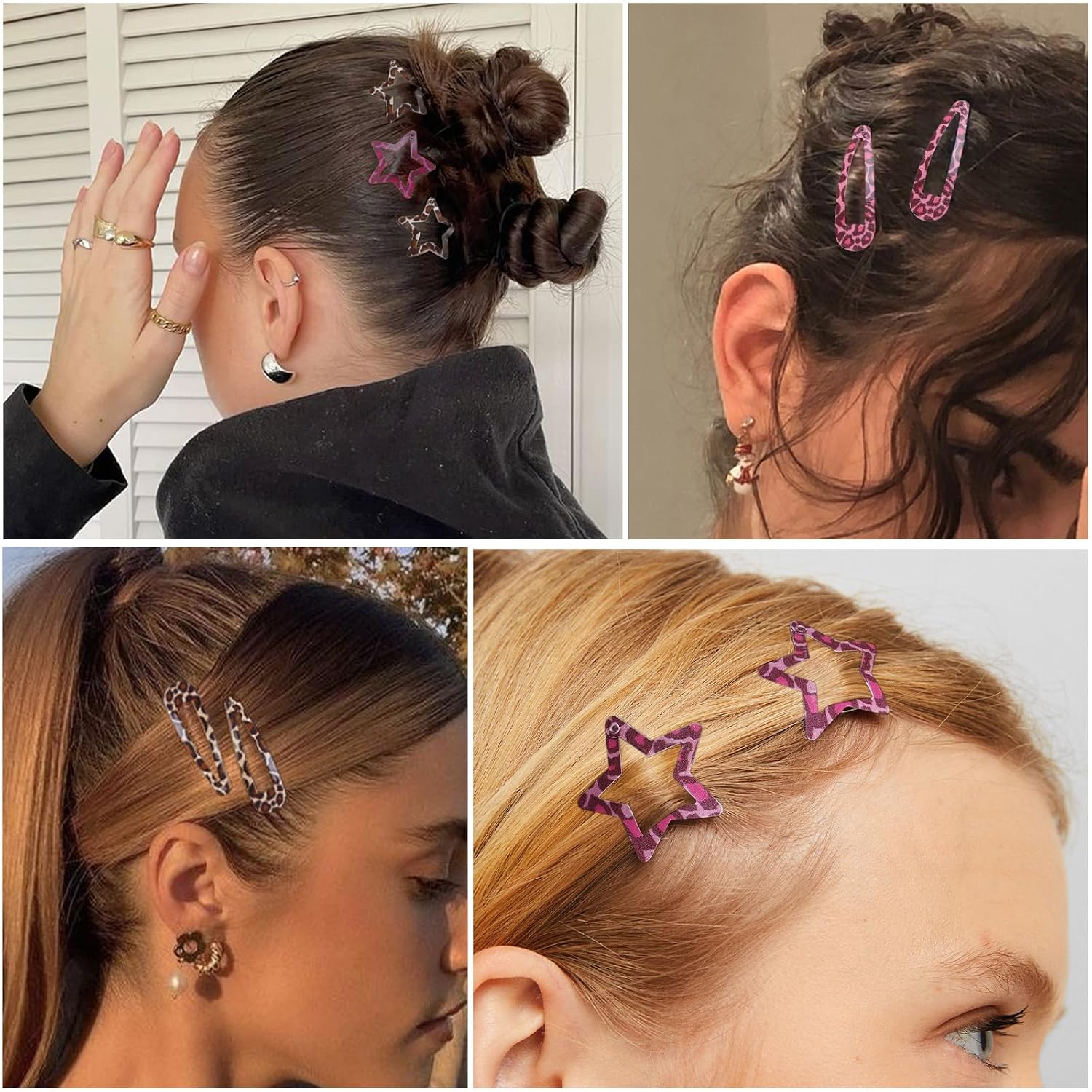 Metal Snap Hair Clips,8 Pairs Hair Barrettes For Women - Star & Water Drop Hair Barrettes, Non-Slip Y2K Accessories For Thin Thick Hair,Pink And Brown Leopard Print