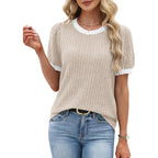 Womens Short Sleeve Sweater Textured Tunic Tops 2026 Spring Summer Business Casual Blouse