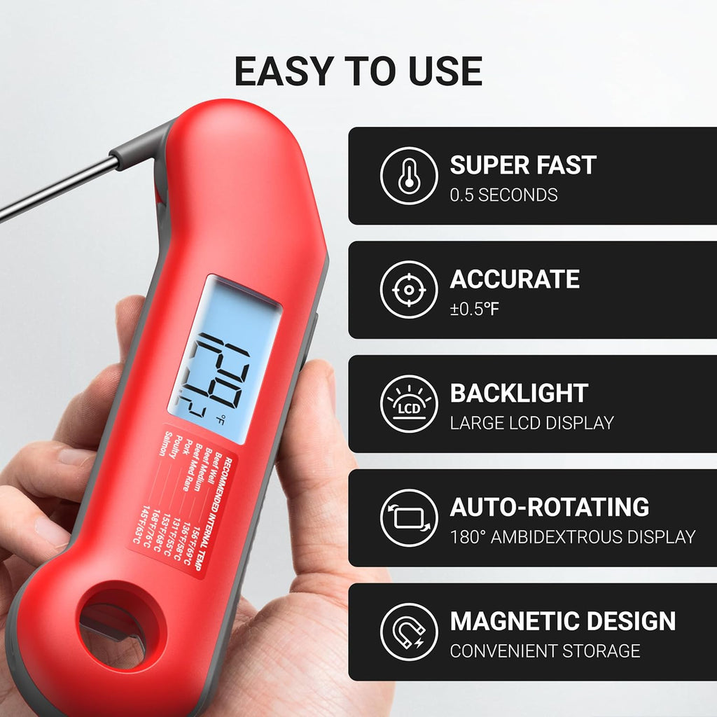 Thermomaven Professional Meat Thermometer Digital, Ultra-Fast 0.5 Sec Instant Read, Nist Certified ±0.5°F Accuracy, Ip67 Waterproof, Auto-Rotating Backlit Display, Lift-To-Wake, For Bbq/Cooking/Candy