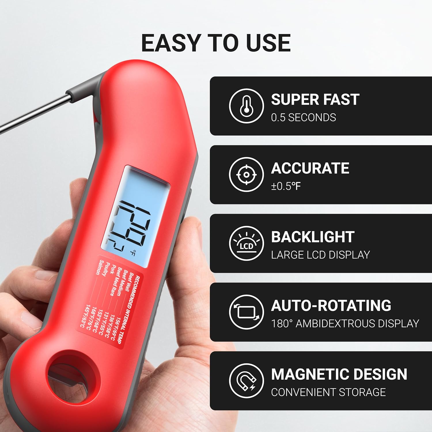 Thermomaven Professional Meat Thermometer Digital, Ultra-Fast 0.5 Sec Instant Read, Nist Certified ±0.5°F Accuracy, Ip67 Waterproof, Auto-Rotating Backlit Display, Lift-To-Wake, For Bbq/Cooking/Candy