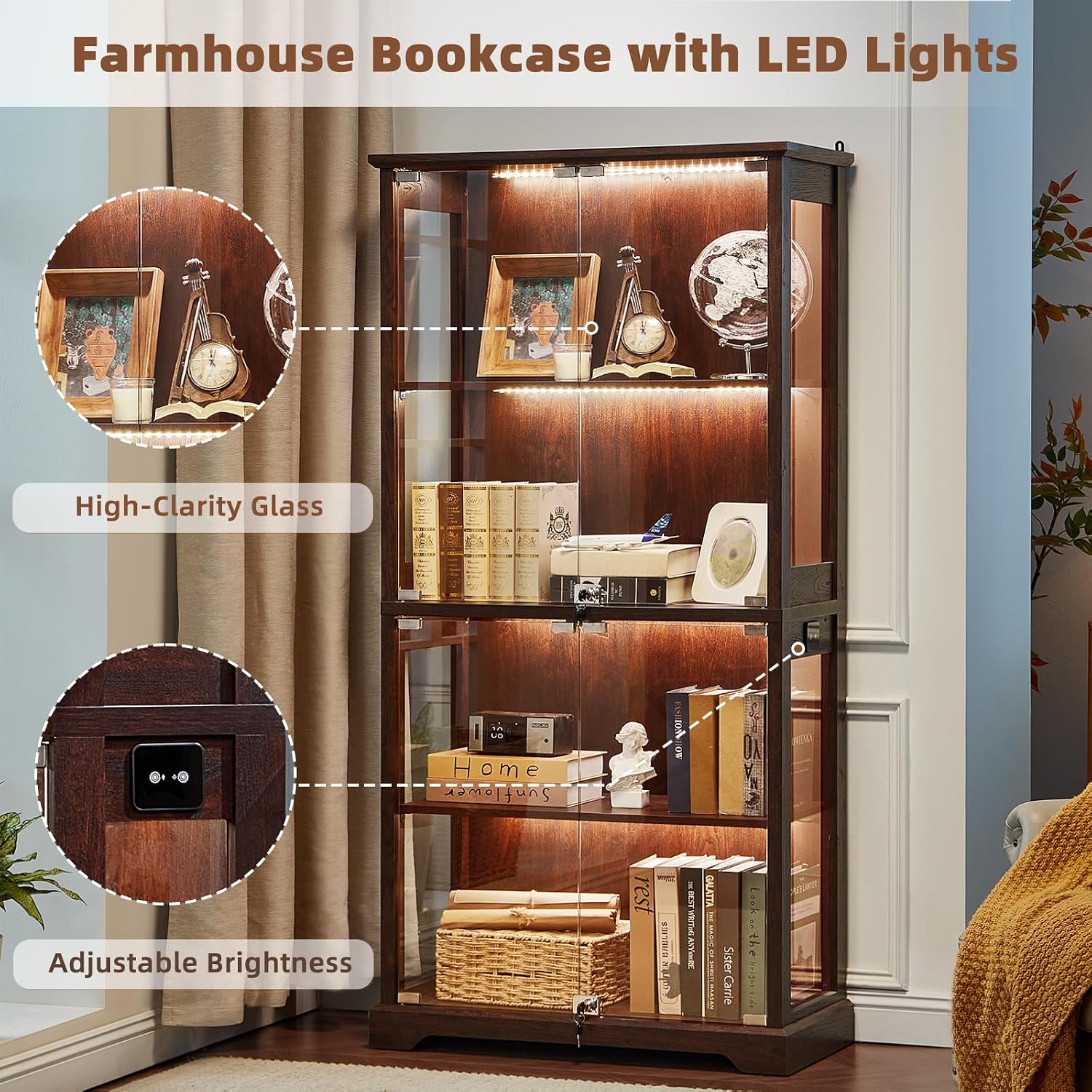 Farmhouse Glass Display Cabinet With Lock, Walnut | Wooden Curio Cabinets With Glass Doors, 3-Color Motion-Sensor Light & Reinforced Base