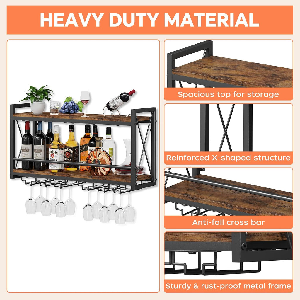 Homeiju Wall Mounted Wine Rack, Bottle & Glass Holder Wood-Metal Retro Wine Rack, Wine Bottles Display Wall Storage For Kitchen Dining Room Home Bar