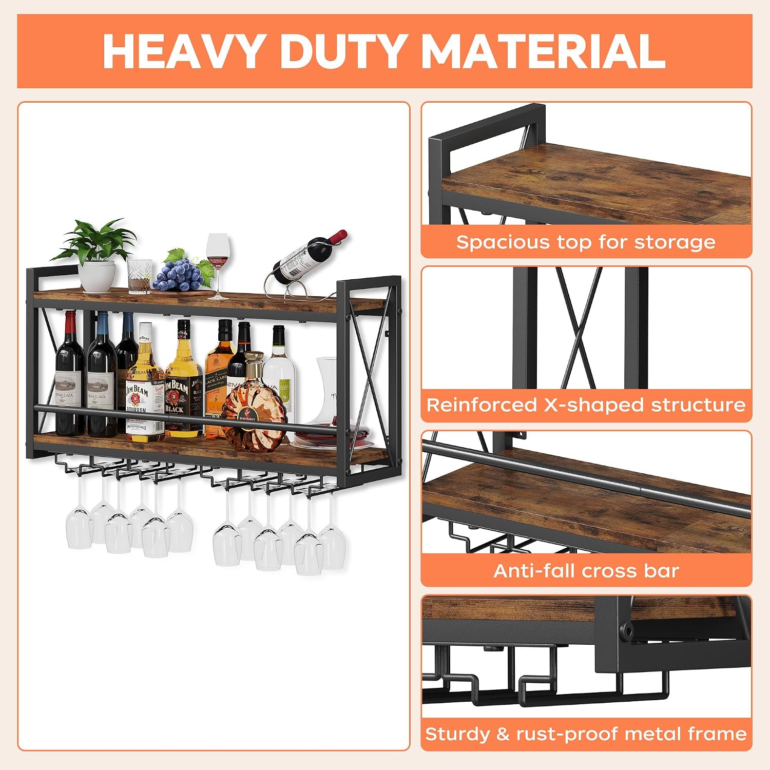 Homeiju Wall Mounted Wine Rack, Bottle & Glass Holder Wood-Metal Retro Wine Rack, Wine Bottles Display Wall Storage For Kitchen Dining Room Home Bar