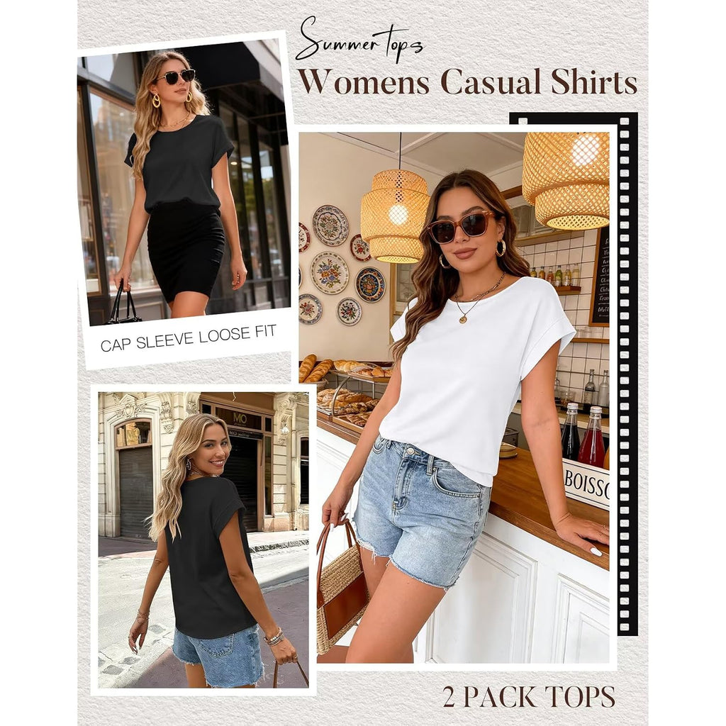 2Pack Womens T Shirts Cap Sleeve 2026 Spring Summer Tops Crewneck Casual Business Fashion Clothes Loose Fit Outfits