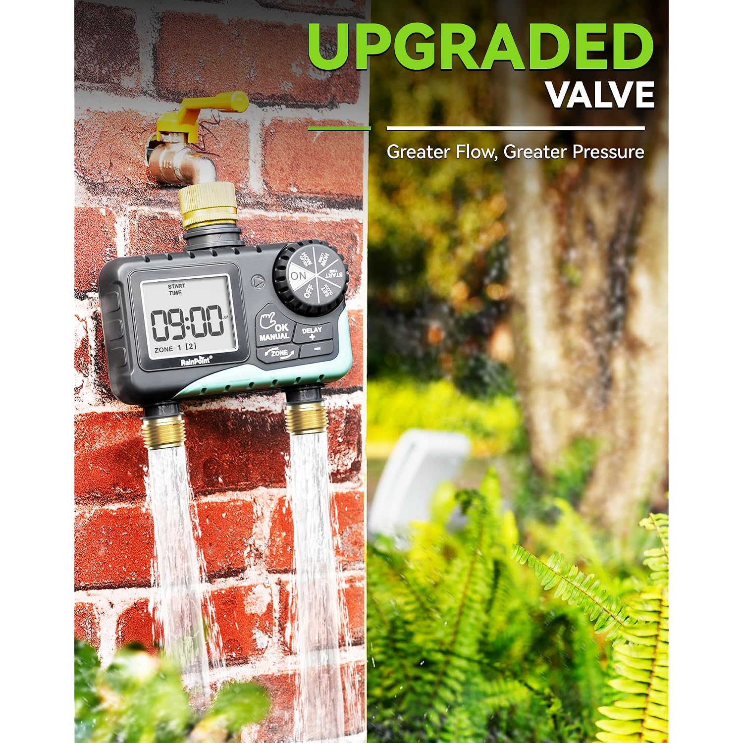 Rainpoint 2 Zone Sprinkler Timer With Brass Inlet And Outlet - Water Timer For Garden Hose With Rain Delay/Manual Watering/Automatic Irrigation Controller System For Yard Lawn Garden(Blue)