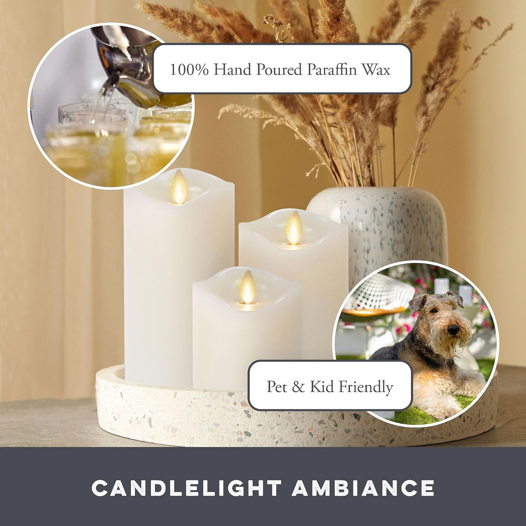 Set Of 3 Flameless Led Flickering Moving Flame Pillars (3X 4.5, 3X5.5, 3X6.5), Real Unscented Wax W/ Melted Edge & Smooth Finish, Aa Battery Operated, Pearl Ivory