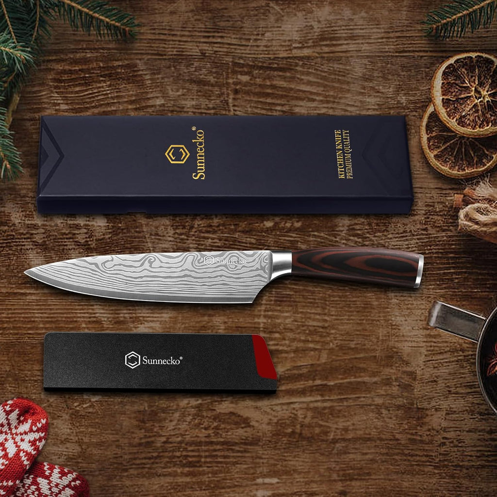 8 Inch Chef Knife - Ultra Sharp 12-15 Degree Edge Kitchen Knife For Meat Vegetable Cutting Japanese Style, High Carbon Stainless Steel Blade, Pakkawood Handle &Sheath, Cooking & Bbq Gift