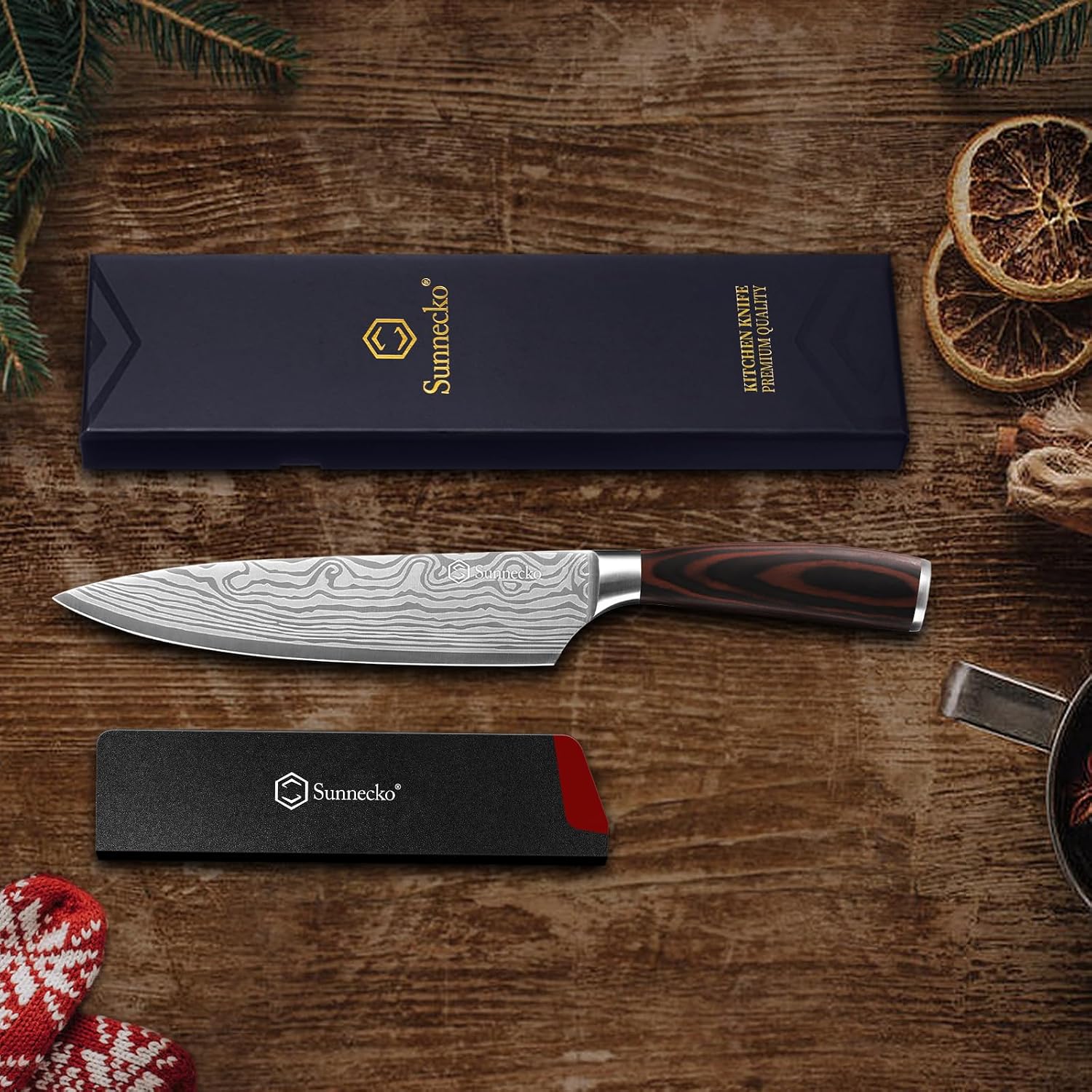8 Inch Chef Knife - Ultra Sharp 12-15 Degree Edge Kitchen Knife For Meat Vegetable Cutting Japanese Style, High Carbon Stainless Steel Blade, Pakkawood Handle &Sheath, Cooking & Bbq Gift