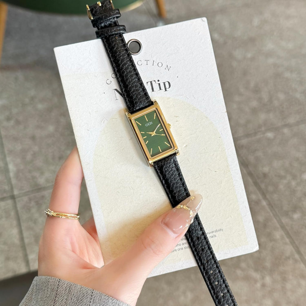 FANMIS Vintage Women's Rectangle Wristwatch Classic Ladies Analog Quartz Watch Ultra-Thin Ladies Bangle Bracelet Watch Female Business Dress Watches with Leather Strap