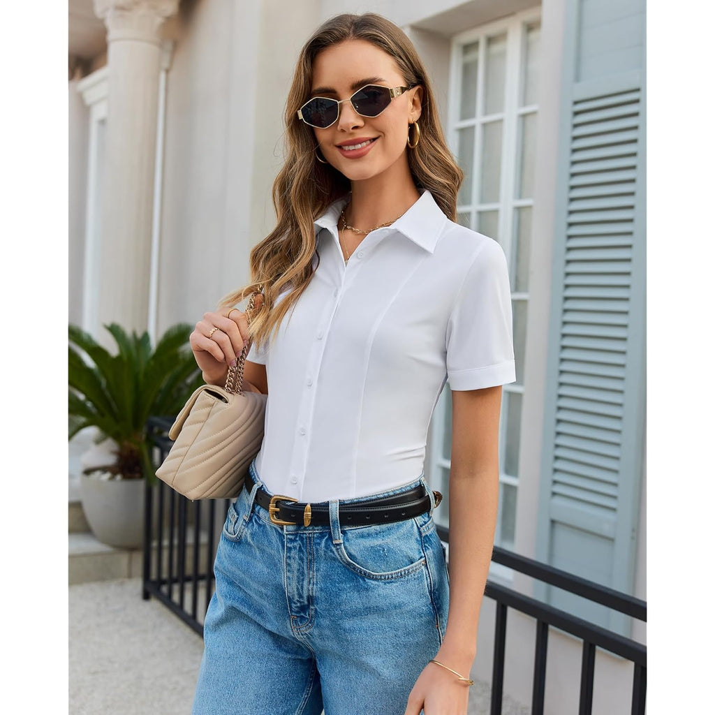 Button Down Shirts for Women Stretch Short Sleeve Dress Shirts for Women Collared Wrinkle Free Business Top Work Blouse