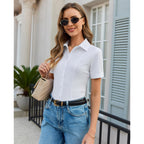 Button Down Shirts for Women Stretch Short Sleeve Dress Shirts for Women Collared Wrinkle Free Business Top Work Blouse