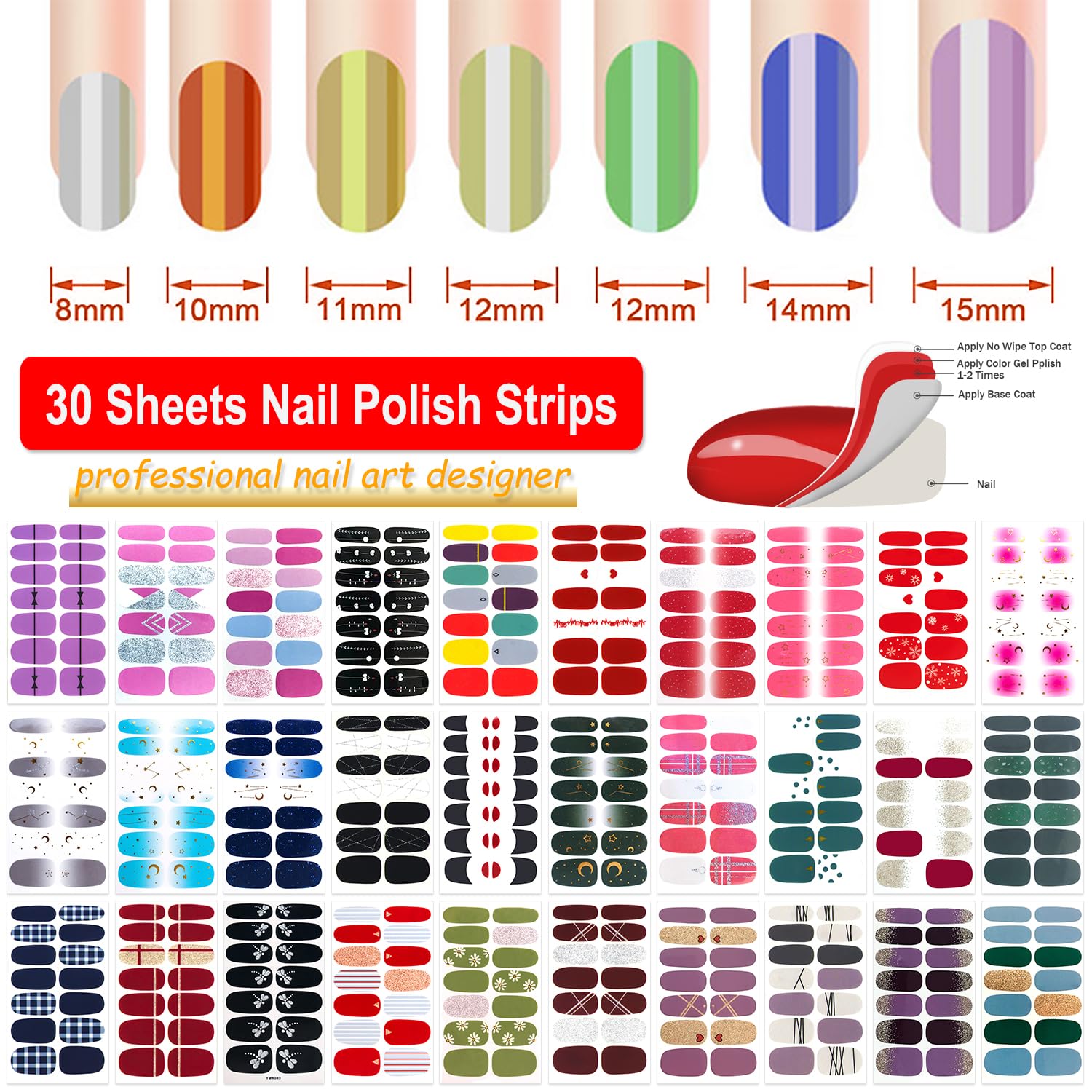 420 Pieces 30 Sheets Glitter Nail Wraps with Nail File Nail Polish Strips Self Adhesive Nail Polish Stickers Nail Strips for Women Girl Salon Nail Art Accessories