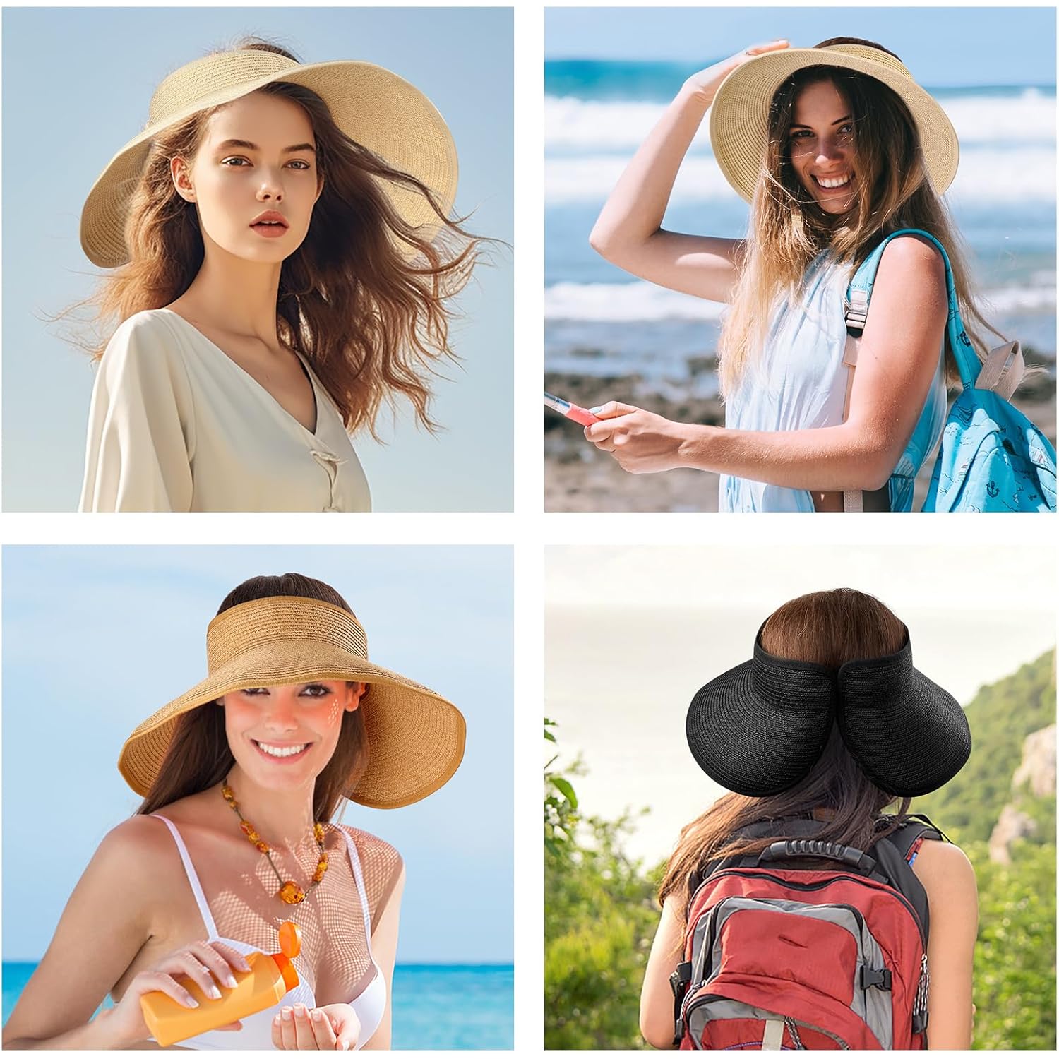 Sun Visor Hats for Women, Summer Packable Straw Beach Hat UV Protection 2025, Women's Ponytail Hat, Foldable Travel
