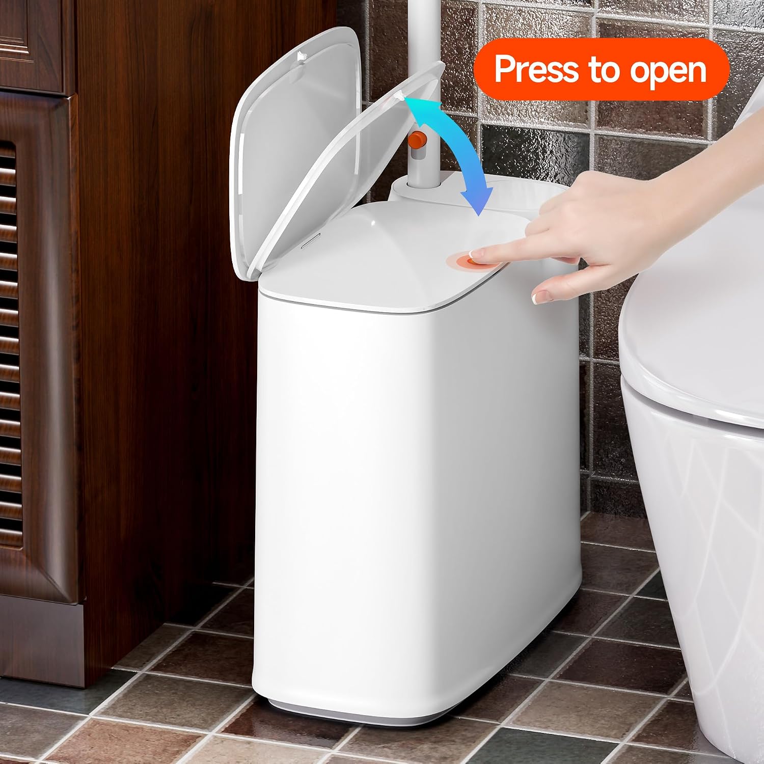 Bathroom Trash Can Set - Narrow White Plastic Small Trash Can, A Toilet Wand, Toilet Brush Holder And 36 Refills, 2 Gallon Trash Can With Pop-Up Lid, Suitable For Bathrooms And Small Toilets.