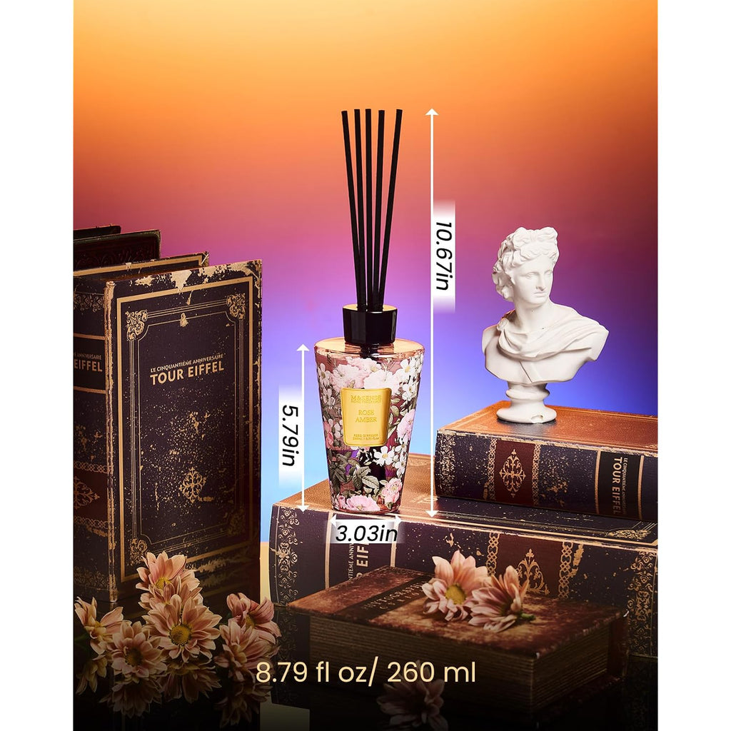M&Sense Rose Amber Reed Diffuser Set - 8.79Fl Oz Home Fragrance Non-Toxic Essential Oil Diffuser With All Natural Sticks, Air Freshner Gifts For Bathroom Bedroom Office Home Decor