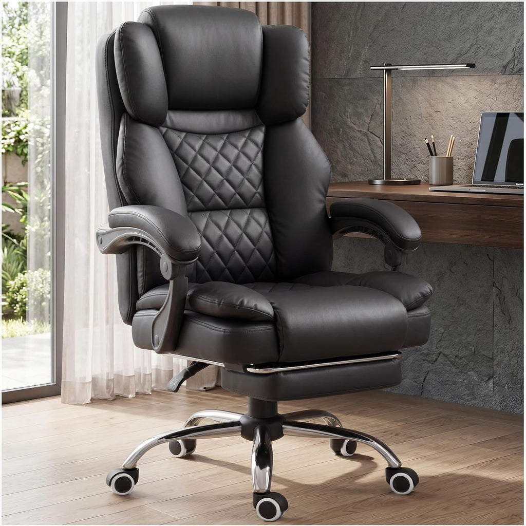Gtplayer Executive Office Chair Big And Tall Leather Gaming Chair With Pocket Spring Cushion & Ergonomic Lumbar Support For Lower Back Pain Relief, Comfy Desk Chair With Footrest, Matte-Black