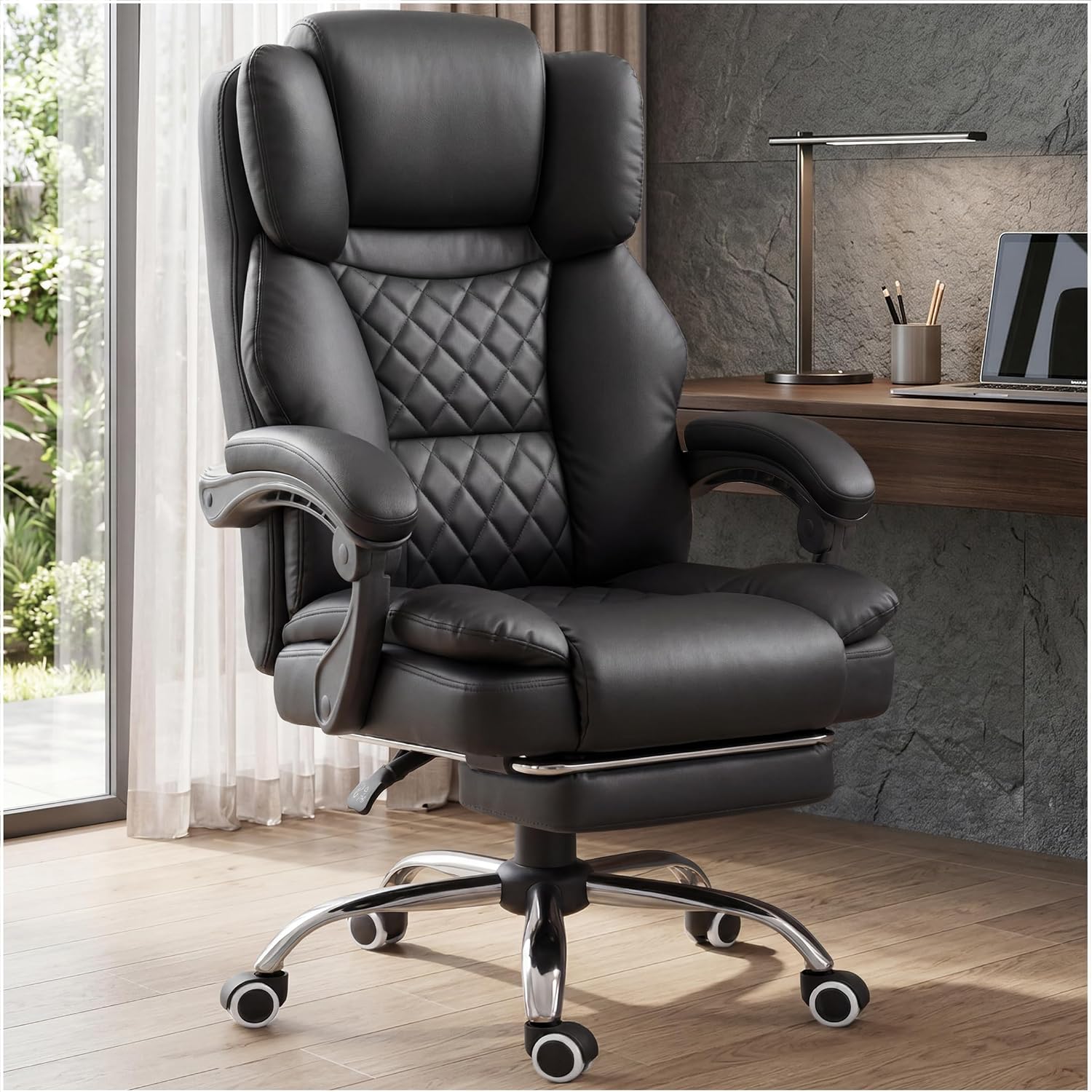 Gtplayer Executive Office Chair Big And Tall Leather Gaming Chair With Pocket Spring Cushion & Ergonomic Lumbar Support For Lower Back Pain Relief, Comfy Desk Chair With Footrest, Matte-Black
