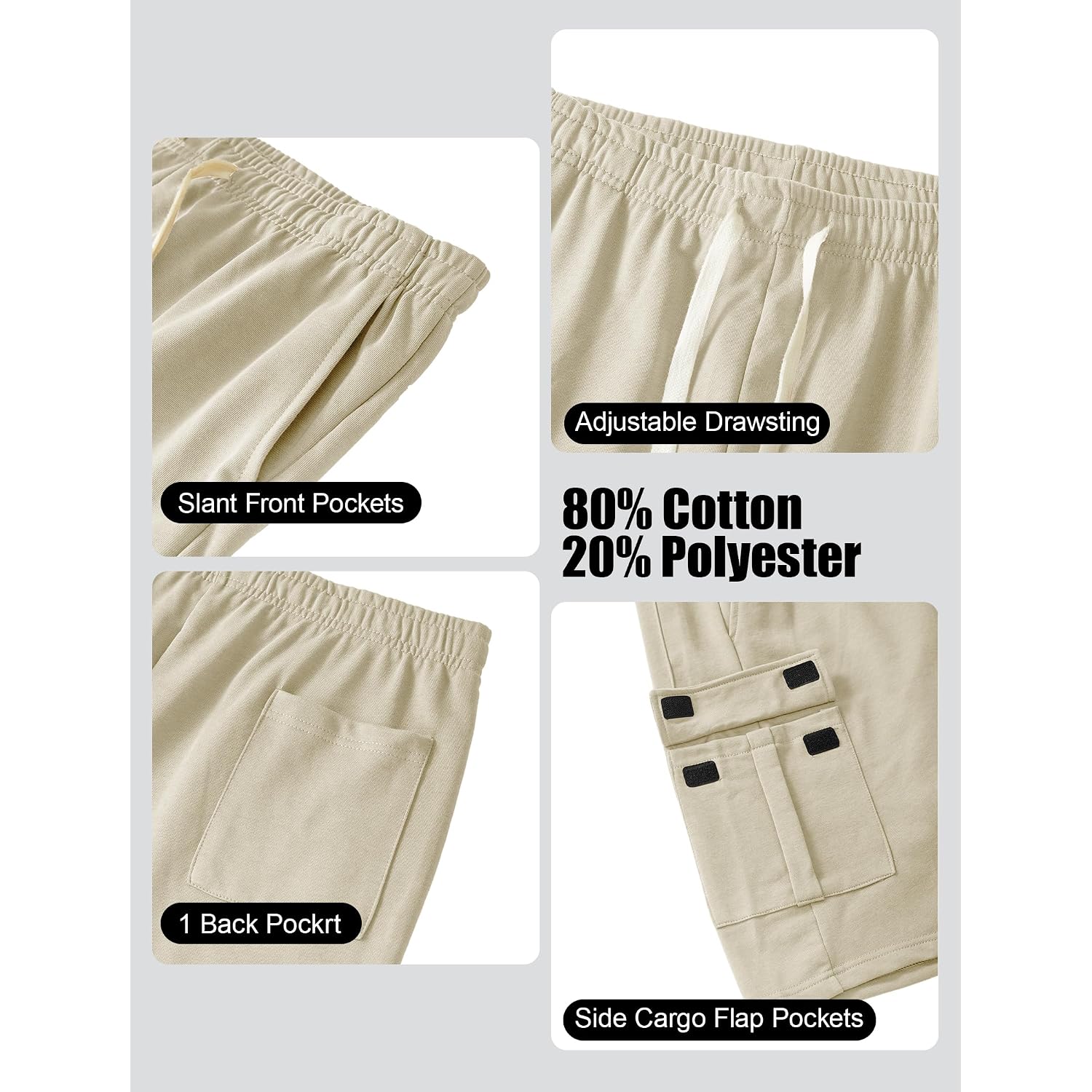 Mens Casual Cargo Shorts Cotton Elastic Waist Drawstring Sweat Shorts Gym Workout Jogger Shorts