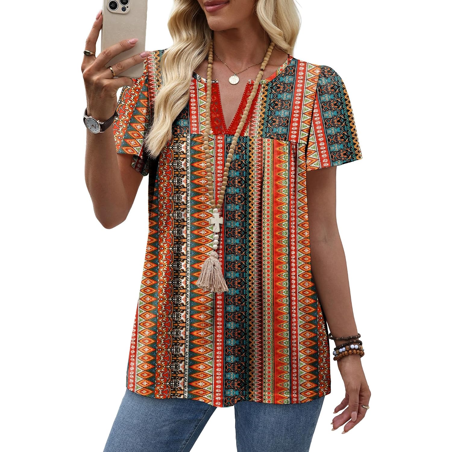 Ofeefan Womens Summer Tops Boho Short Sleeve Shirts V Neck Fashion Lace Blouses Dressy Casual Flowy Holiday Outfits