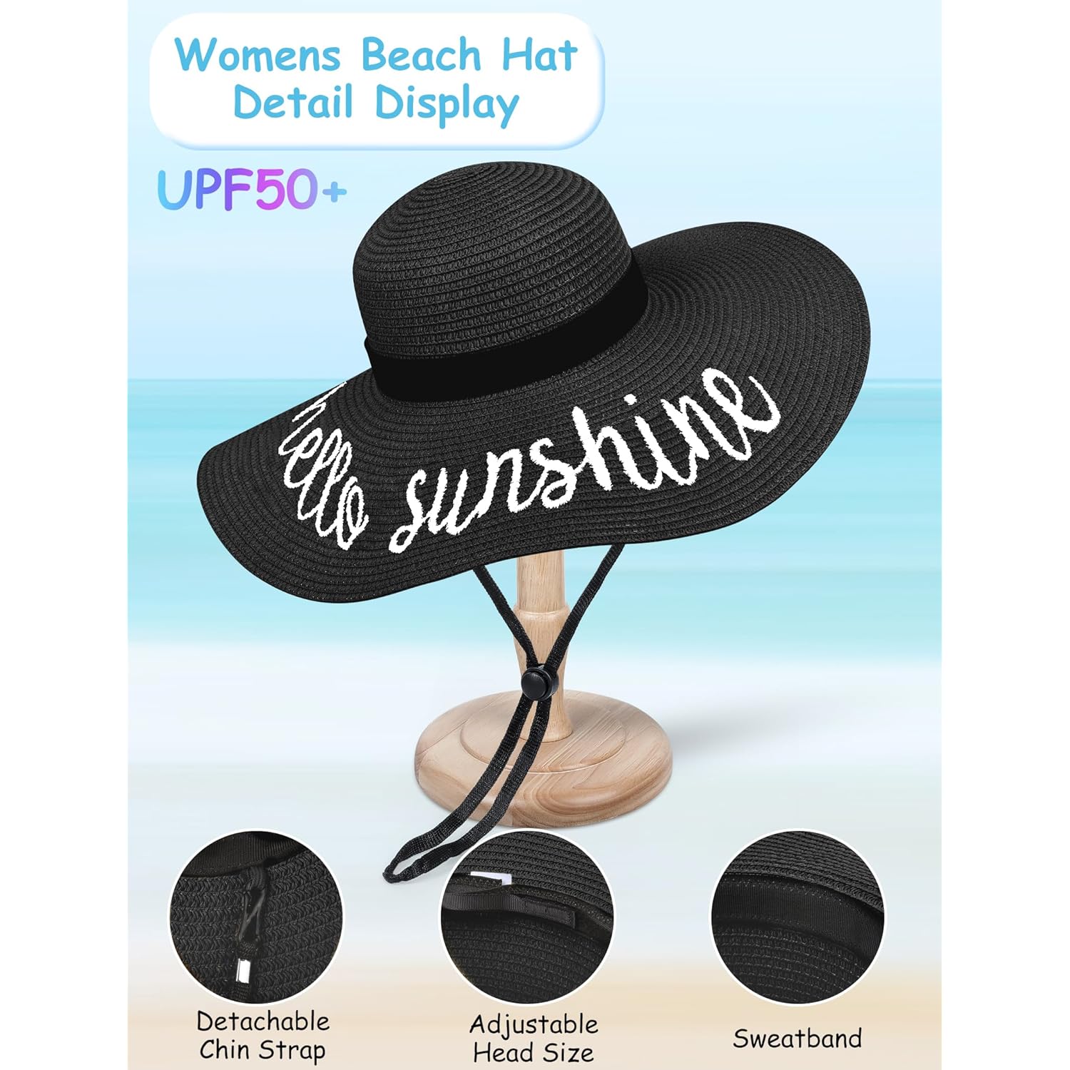 Senker Fashion Beach Hats for Women, Floppy Straw Sun Hat Embroidered Wide Brim for Summer Honeymoon Vacation Cruise