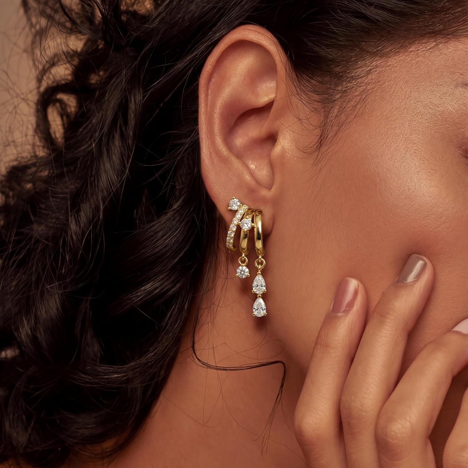 Triple Huggie Stacked Earrings for Women Gold Chain Drop Dangle Earrings Cute Statement CZ Earrings Trendy Dainty Jewelry Gift