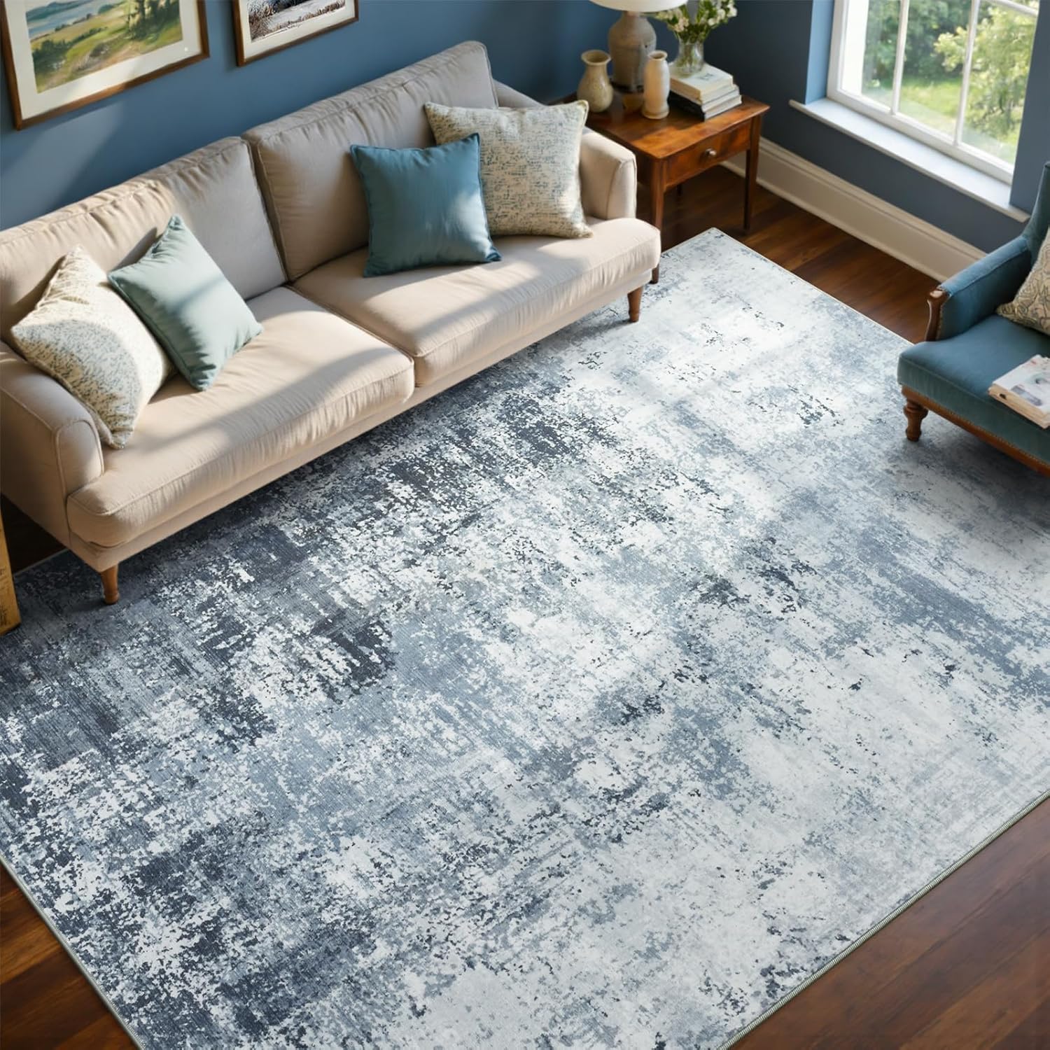 6x9 Ft Large Area Rugs for Living Room, Soft Non-Slip Washable Rugs Modern Abstract Pattern Carpet for Bedroom Indoor Floor Nursery Home Decor (Blue)