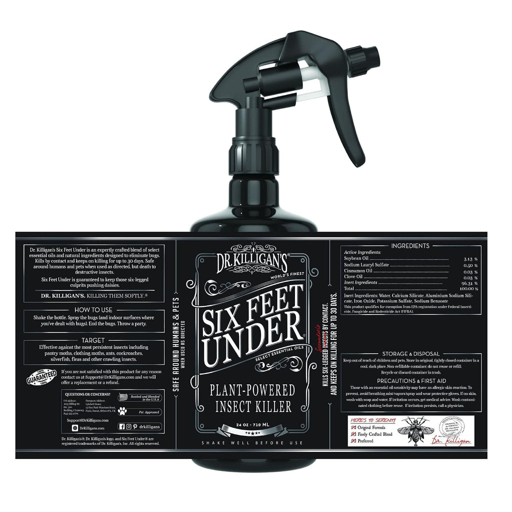 Dr. Killigan'S Six Feet Under Plant Powered Insect Killer Spray | Indoor Natural Pest Control | Fleas, Pantry & Clothing Moths, Ants, & Cockroaches | Family Friendly, Pet Safe (24 Oz)