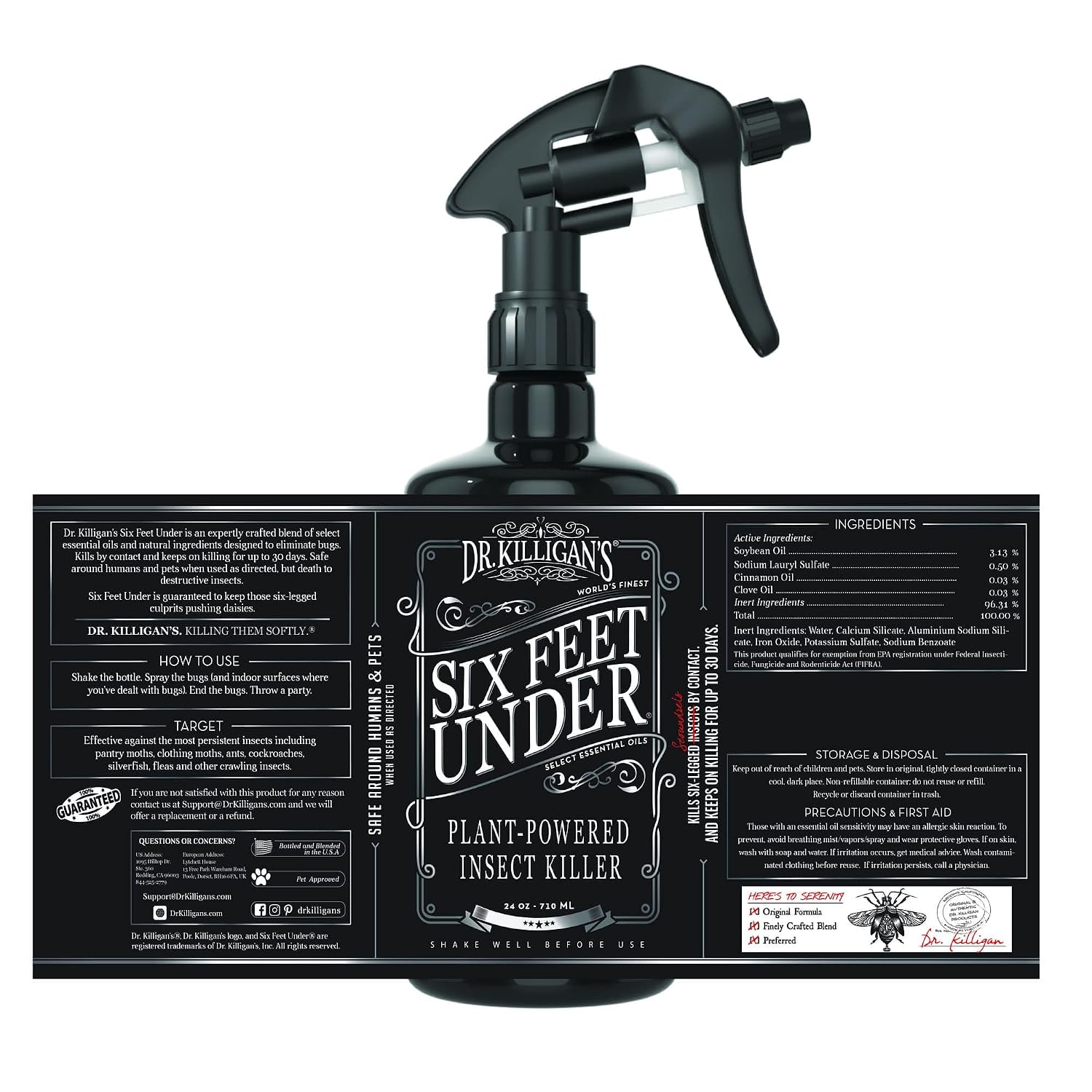 Dr. Killigan'S Six Feet Under Plant Powered Insect Killer Spray | Indoor Natural Pest Control | Fleas, Pantry & Clothing Moths, Ants, & Cockroaches | Family Friendly, Pet Safe (24 Oz)