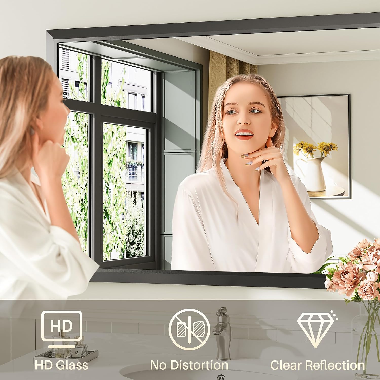36X32 Inch Black Bathroom Mirror For Wall, Thick Metal Framed Rectangle Mirrors For Over Sink, Bedroom, Living Room, Entryway, Anti-Rust, Hd Tempered Glass
