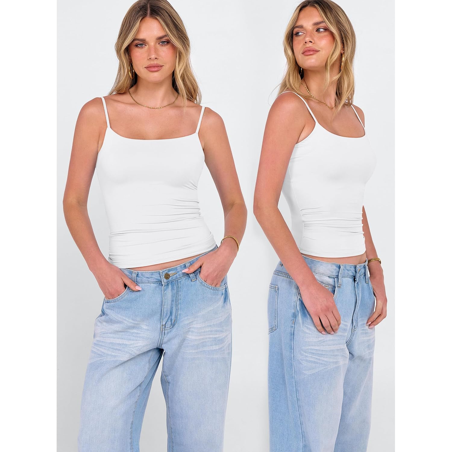 Tank Tops for Women Square Neck Adjustable Spaghetti Strap Double Lined Camisole Tops Summer Basic Cami Shirts