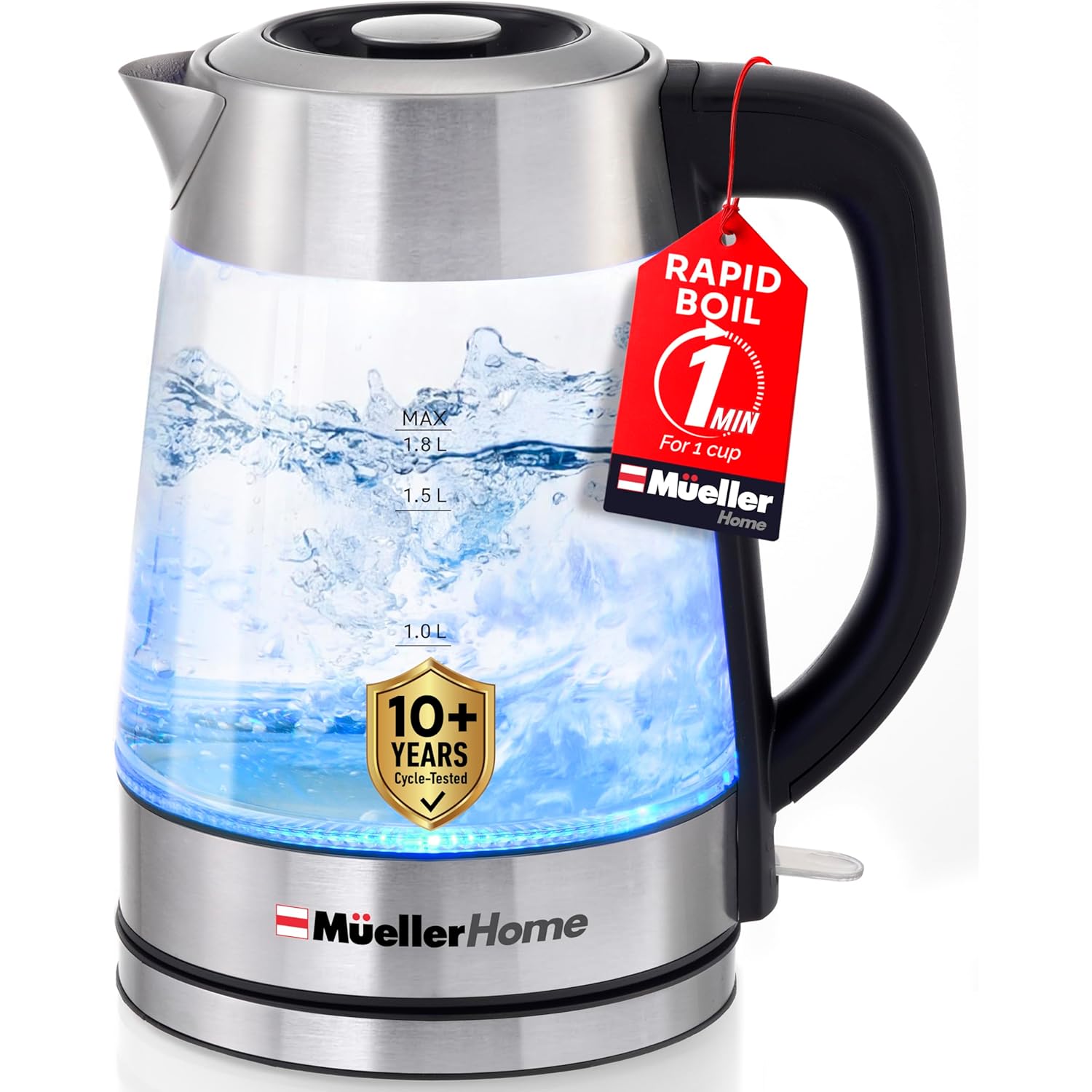 MUELLER HOME Rapid Boil Electric Tea Kettle 1.8L – Borosilicate Glass & Stainless Steel – BPA-Free Hot Water Boiler, LED Light, Auto Shut-Off, Boil Dry Protection Fast Water Heater, Kitchen Appliances