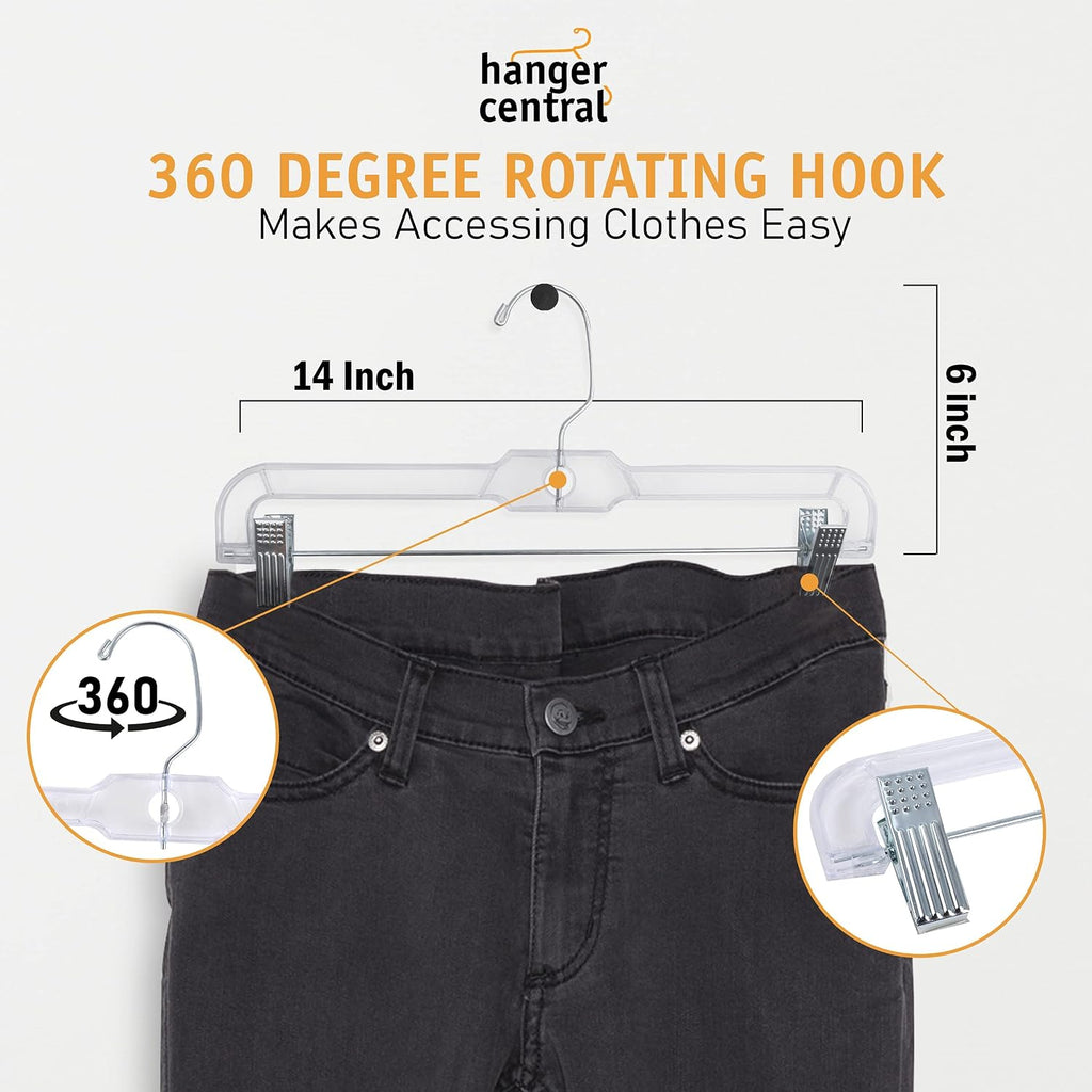 Premium 14 Inch Clear Pants Hangers With Adjustable Clips - 12 Pack Space-Saving Skirt Hangers - Non-Slip Heavy Duty Plastic Closet Organizers With 360° Swivel Hook
