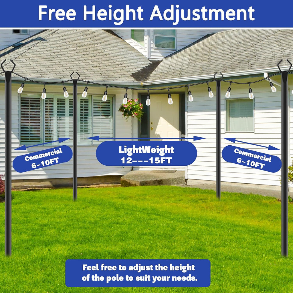 6 Pack 10 Ft Heavy Duty Metal String Light Poles Adjustable Outdoor Lighting Stand For Patio,Backyard,Garden,Party & Wedding Rustproof & Sturdy With Hooks