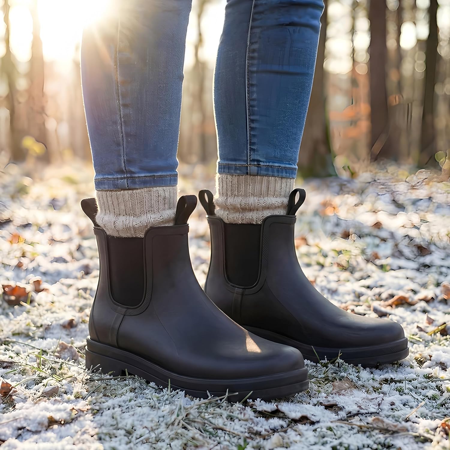 Planone Short Rain Boots for Women Chelsea Fashion Waterproof Ankle Non-Slip Matte Surface Rubber Boots Lightweight Outdoor Garden Shoes Work Booties for Ladies with Arch Support and Removable Comfort Insole