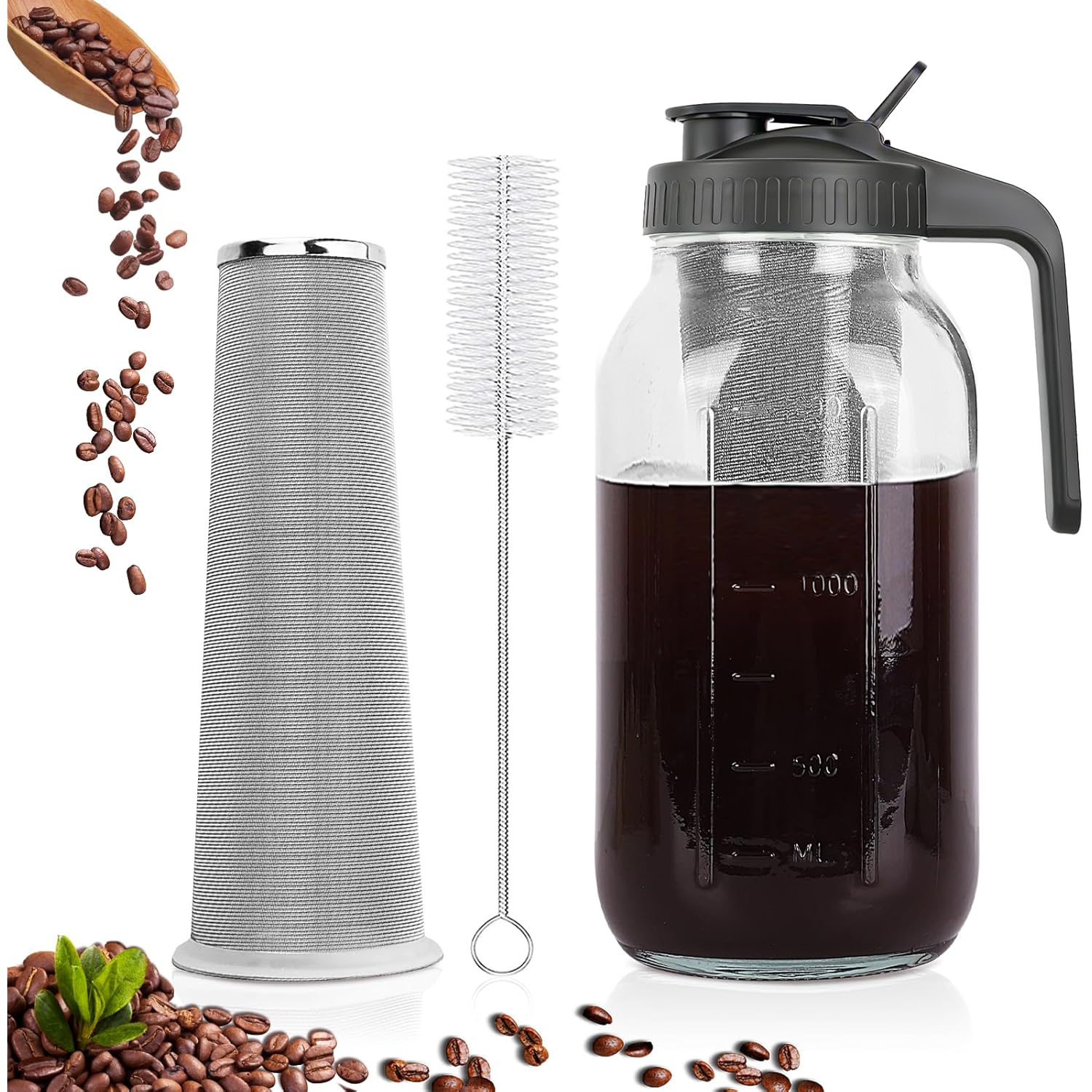 Cold Brew Coffee Maker,64 oz Mason Jar Pitcher with Stainless Steel Filter, Pour Spout Handle Lid, Heavy Duty Glass Airtight & Leak-Proof for Iced Coffee,Tea & Lemonade