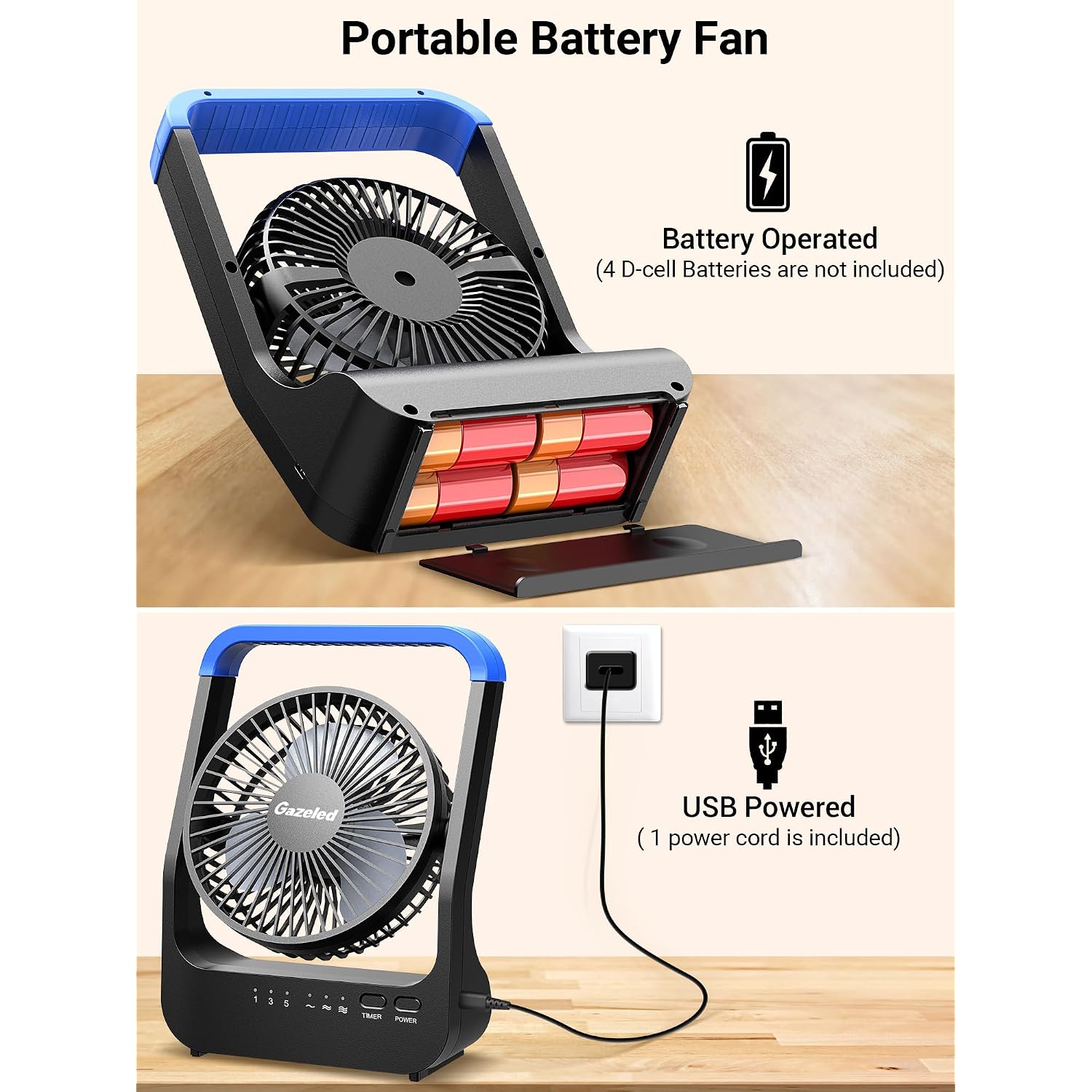 Gazeled Battery Operated Fan, Camping Fan Battery Powered, Super Long Lasting, 5'' Portable D-Cell Battery Powered Desk Fan With Timer, 3 Speeds, Quiet, 180° Rotation, For Office,Bedroom,Outdoor, F24