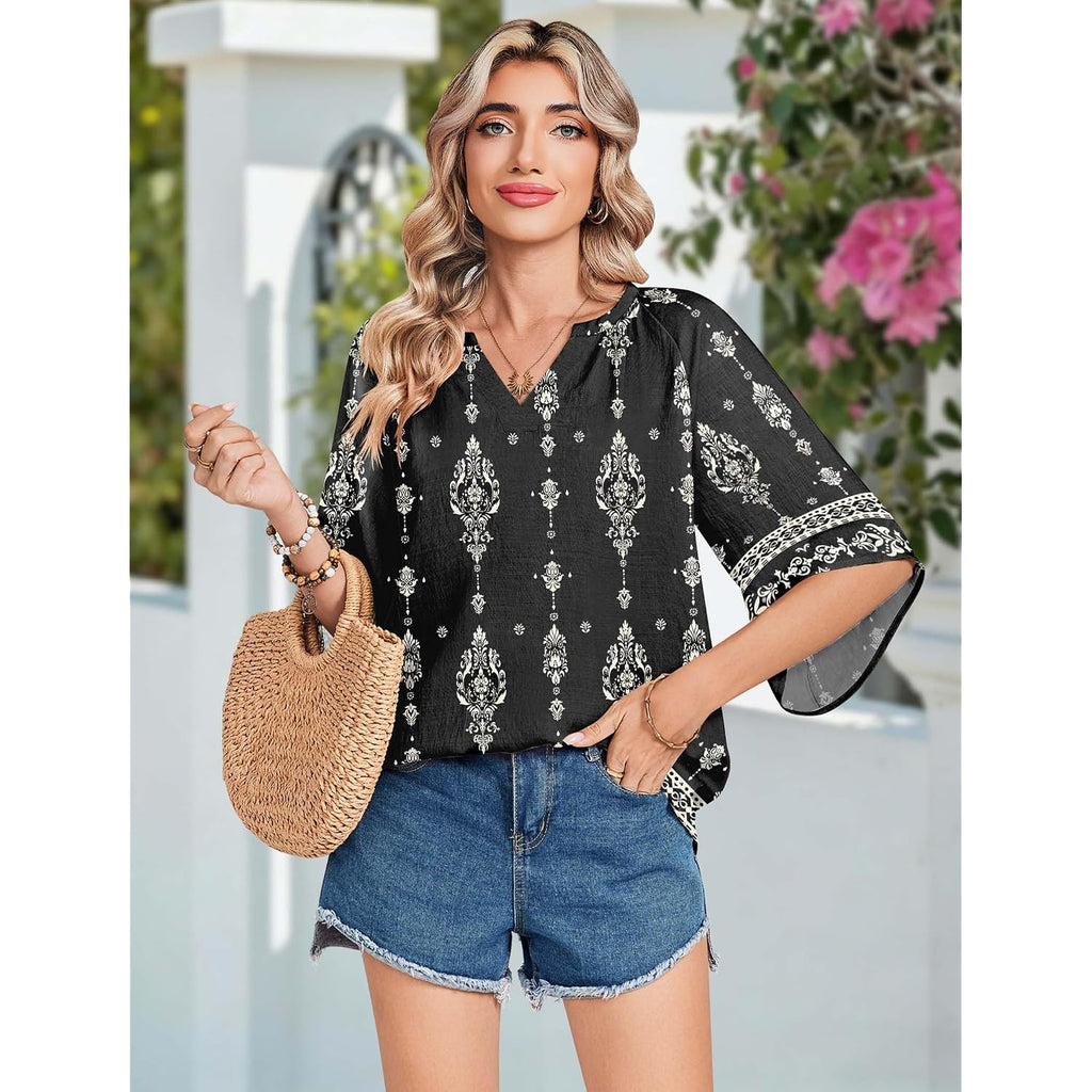 Zeagoo Womens Tops 3/4 Sleeve V Neck Bohemian Blouses Casual Loose Fit Tunic Boho Shirts Floral Printed Clothes