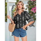 Zeagoo Womens Tops 3/4 Sleeve V Neck Bohemian Blouses Casual Loose Fit Tunic Boho Shirts Floral Printed Clothes