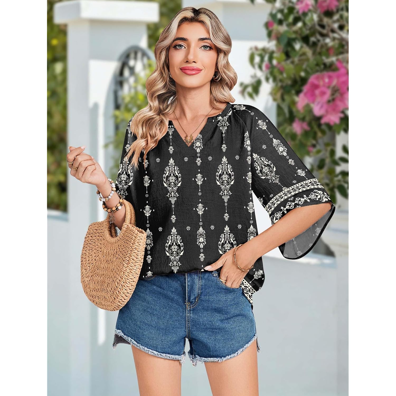 Zeagoo Womens Tops 3/4 Sleeve V Neck Bohemian Blouses Casual Loose Fit Tunic Boho Shirts Floral Printed Clothes