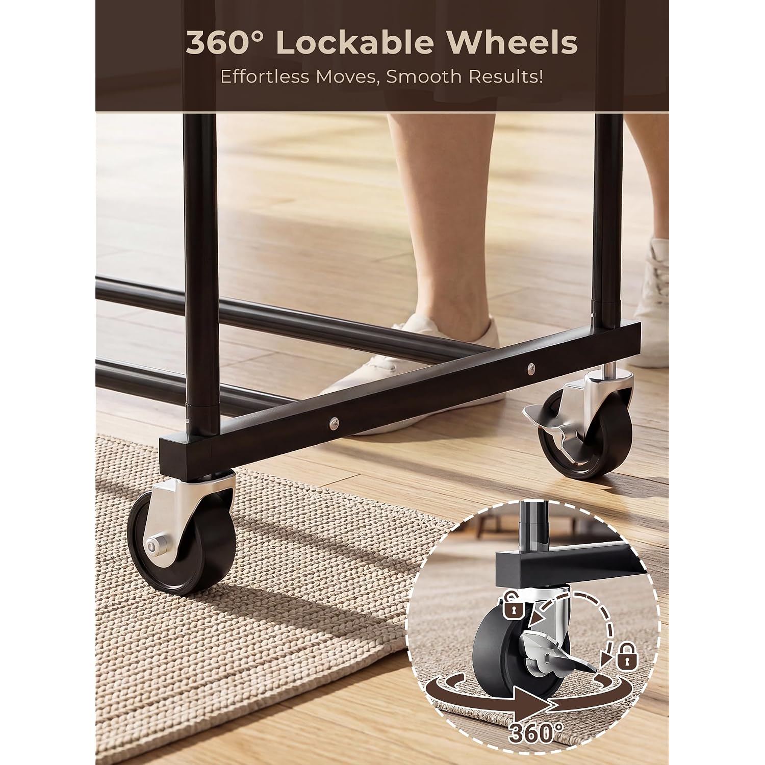 Clothes Rack, Rolling Clothing Rack With Double Rods For Hanging Clothes, Portable Garment Rack With Wheels, Metal Wardrobe Closet Organizer For Bedroom And Laundry Room