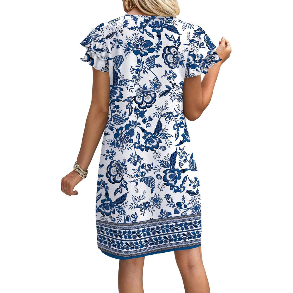 Ofeefan Womens Summer Dresses 2026 Ruffle Sleeve Round Neck Loose Swing Sundresses With Pockets Plain/Print