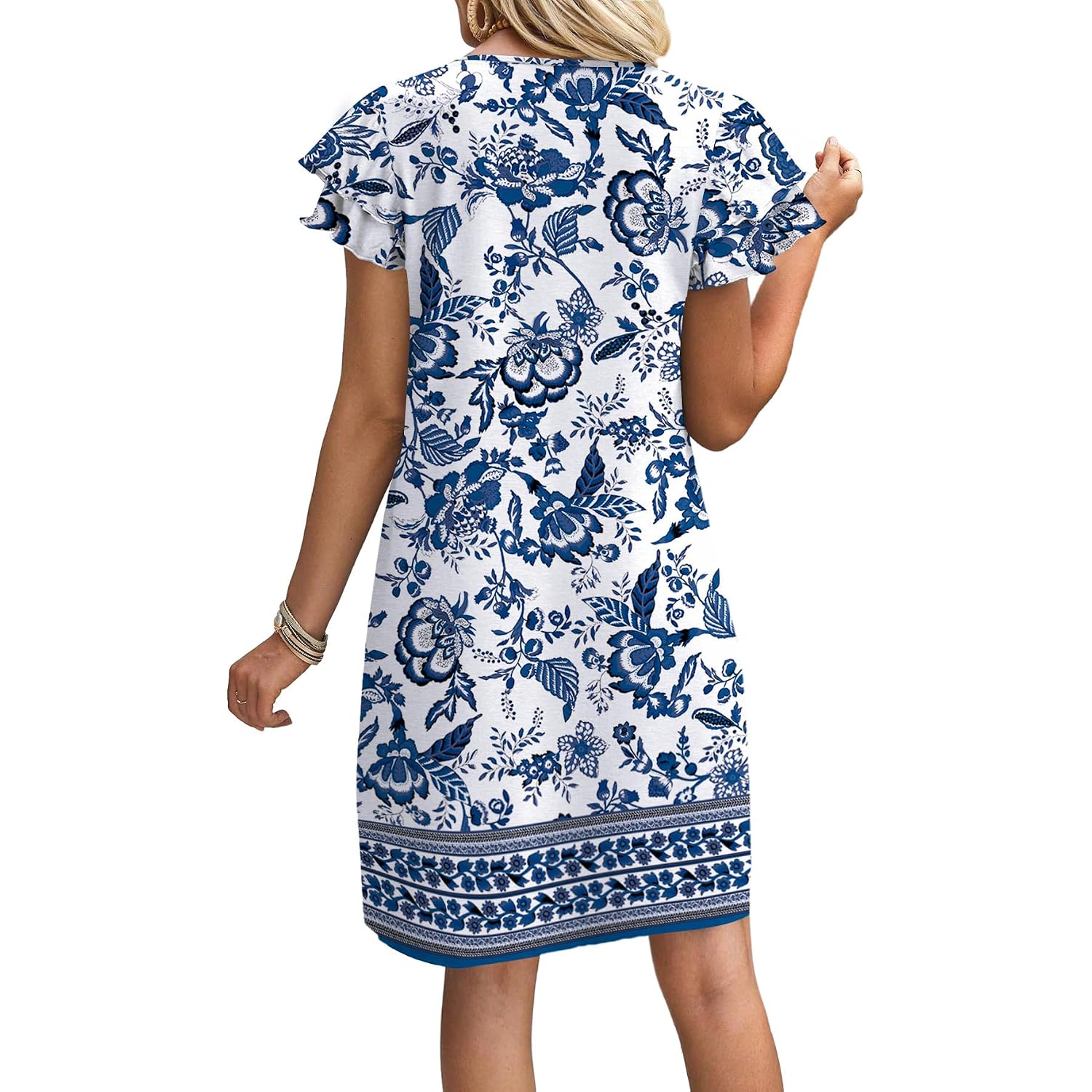 Ofeefan Womens Summer Dresses 2026 Ruffle Sleeve Round Neck Loose Swing Sundresses With Pockets Plain/Print