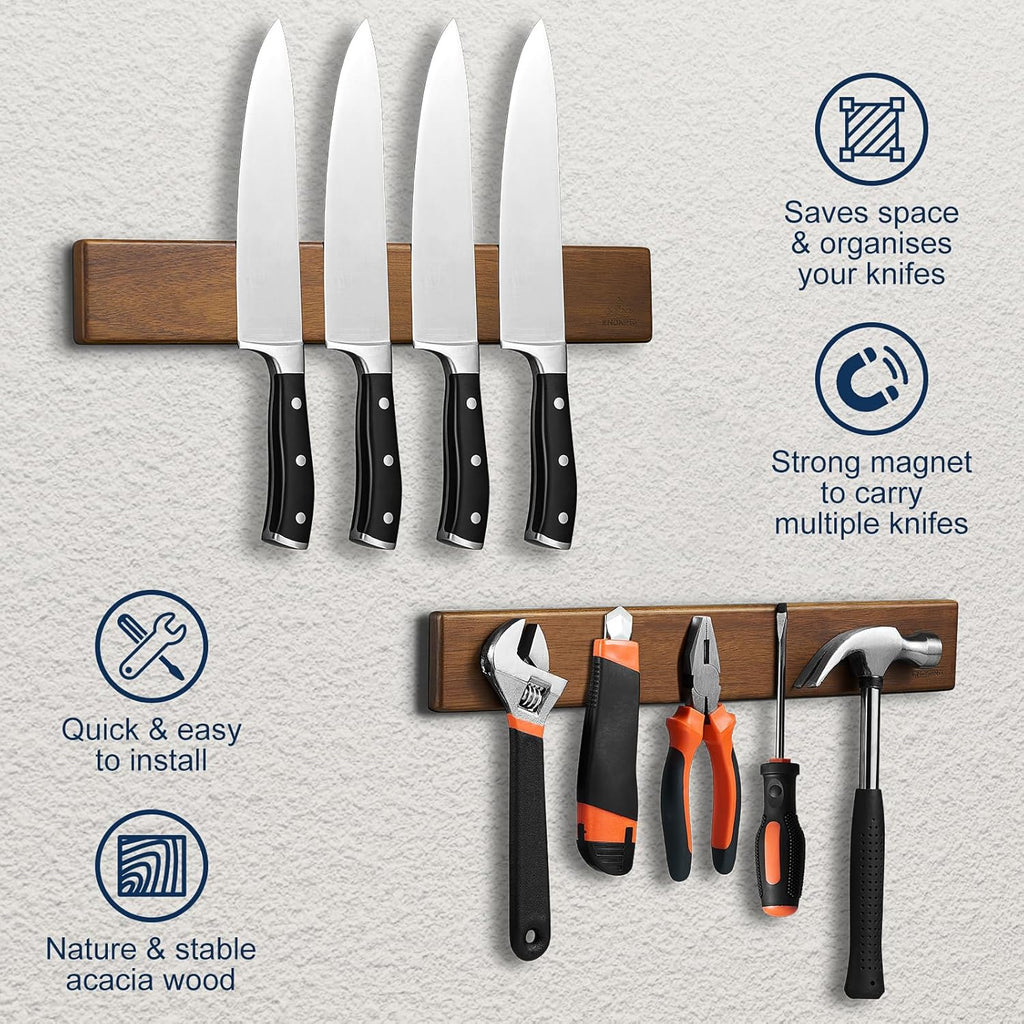 ENOKING 16 Inch Magnetic Knife Holder for Wall - Acacia Wood Knife Strip with Gold-Stamping Magnetic Gift Box - Powerful Knife Bar with 4 Hooks, No Drilling or Screw Mount
