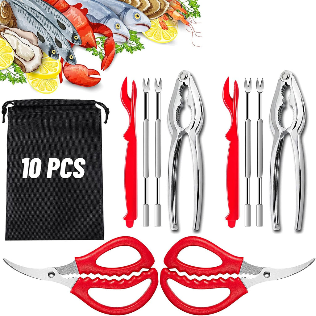 10 Pcs Seafood Tools Set - Crab Lobster Crackers Stainless Steel Forks Opener Shellfish Lobster Crab Leg Sheller Seafood Scissors,1Set