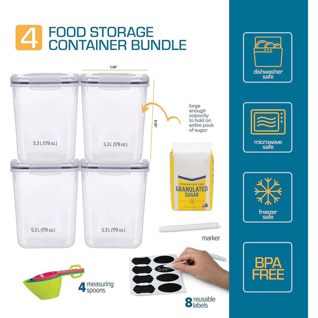 Storeganize Flour Sugar Storage Containers (5.3L/4pk) Great Rice Canisters Sets For The Kitchen pantry, Large Food Storage Containers With Lids Airtight