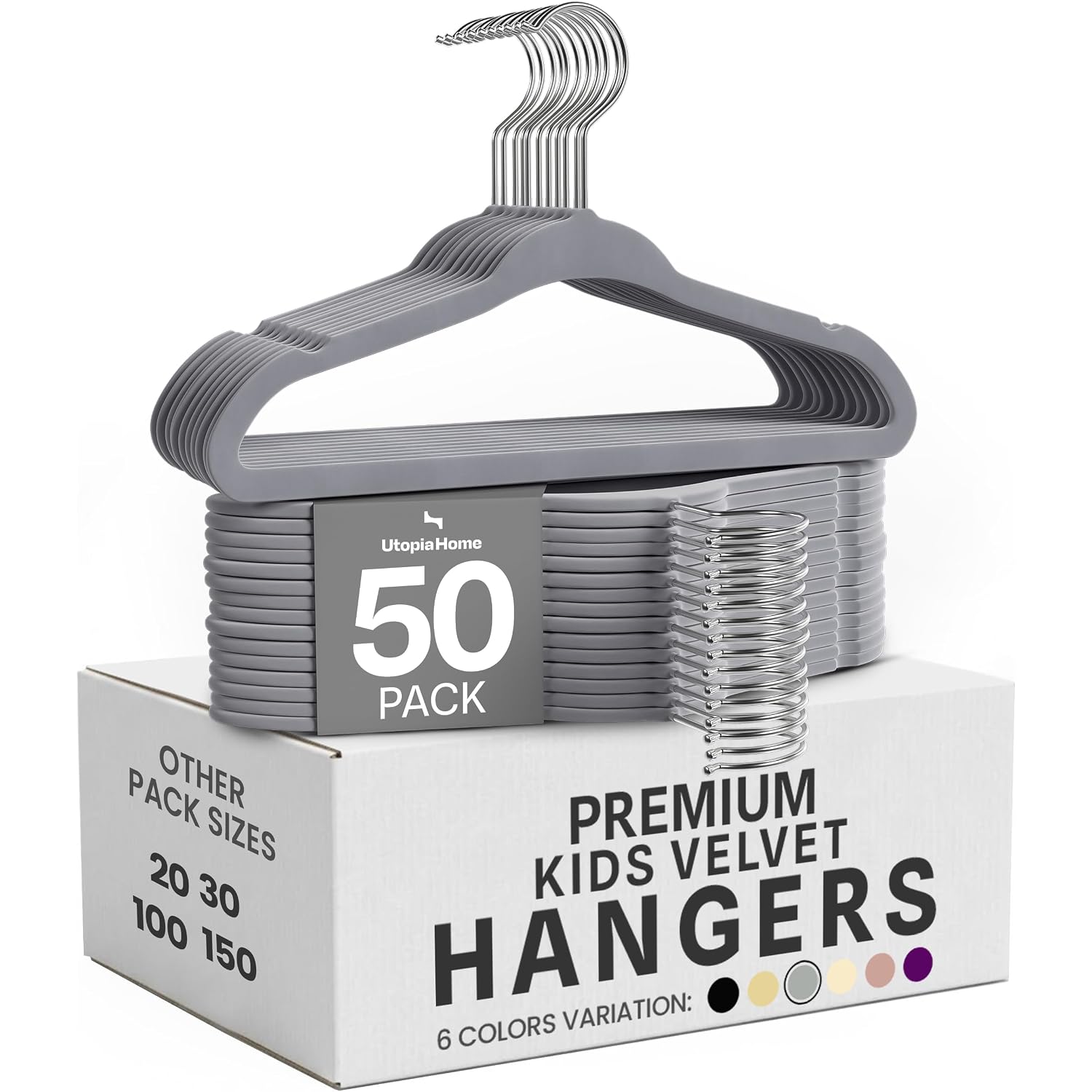 Utopia Home Kids Velvet Hanger 50 Pack – 11" Premium Baby Hangers - Grey | Premium Non-Slip Baby Hangers For Baby And Toddlers, Durable Ultra-Slim Space-Saving Closet Organizers